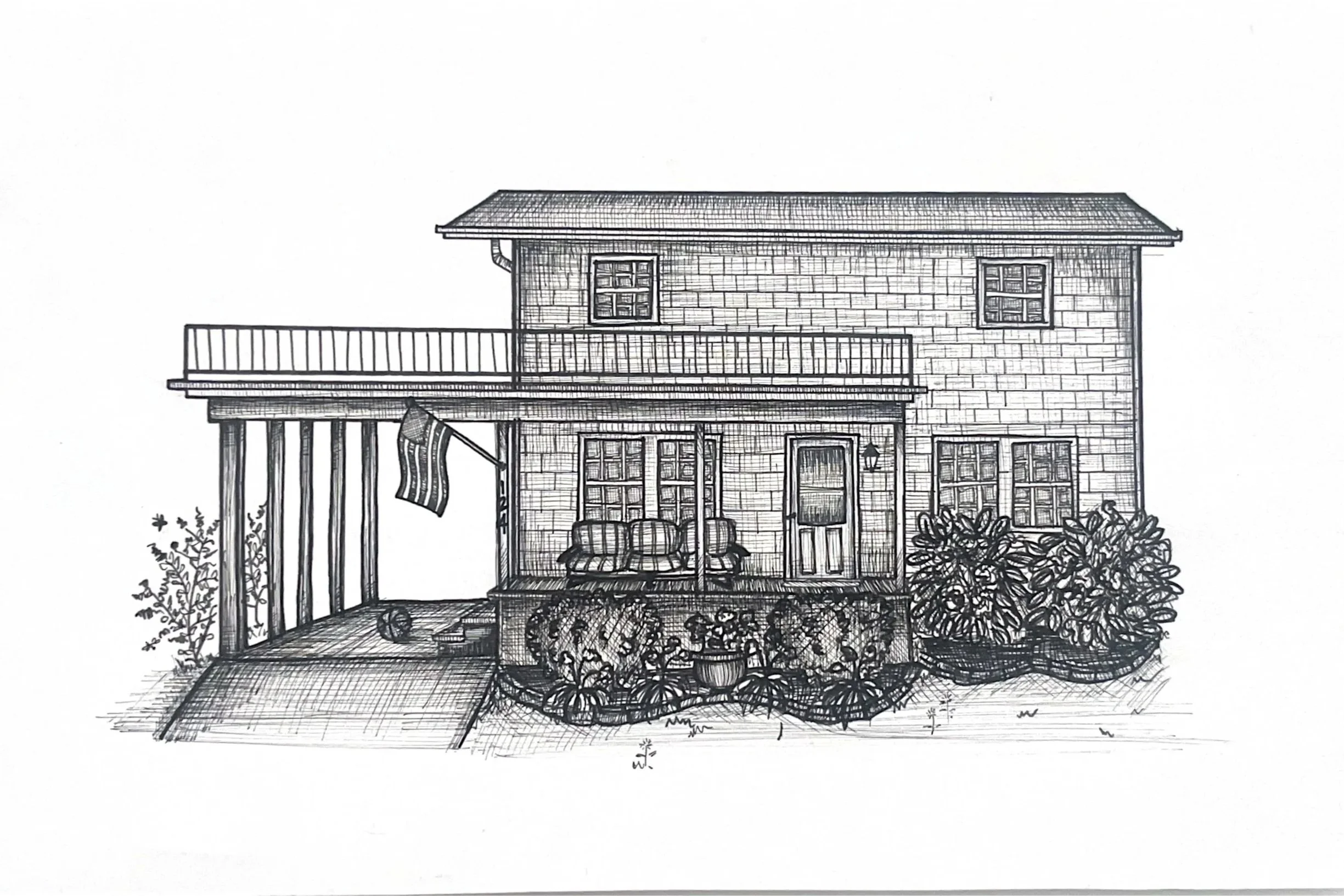 A detailed black and white sketch of a two-story house with a porch, balcony, and well-maintained garden with bushes and potted plants.