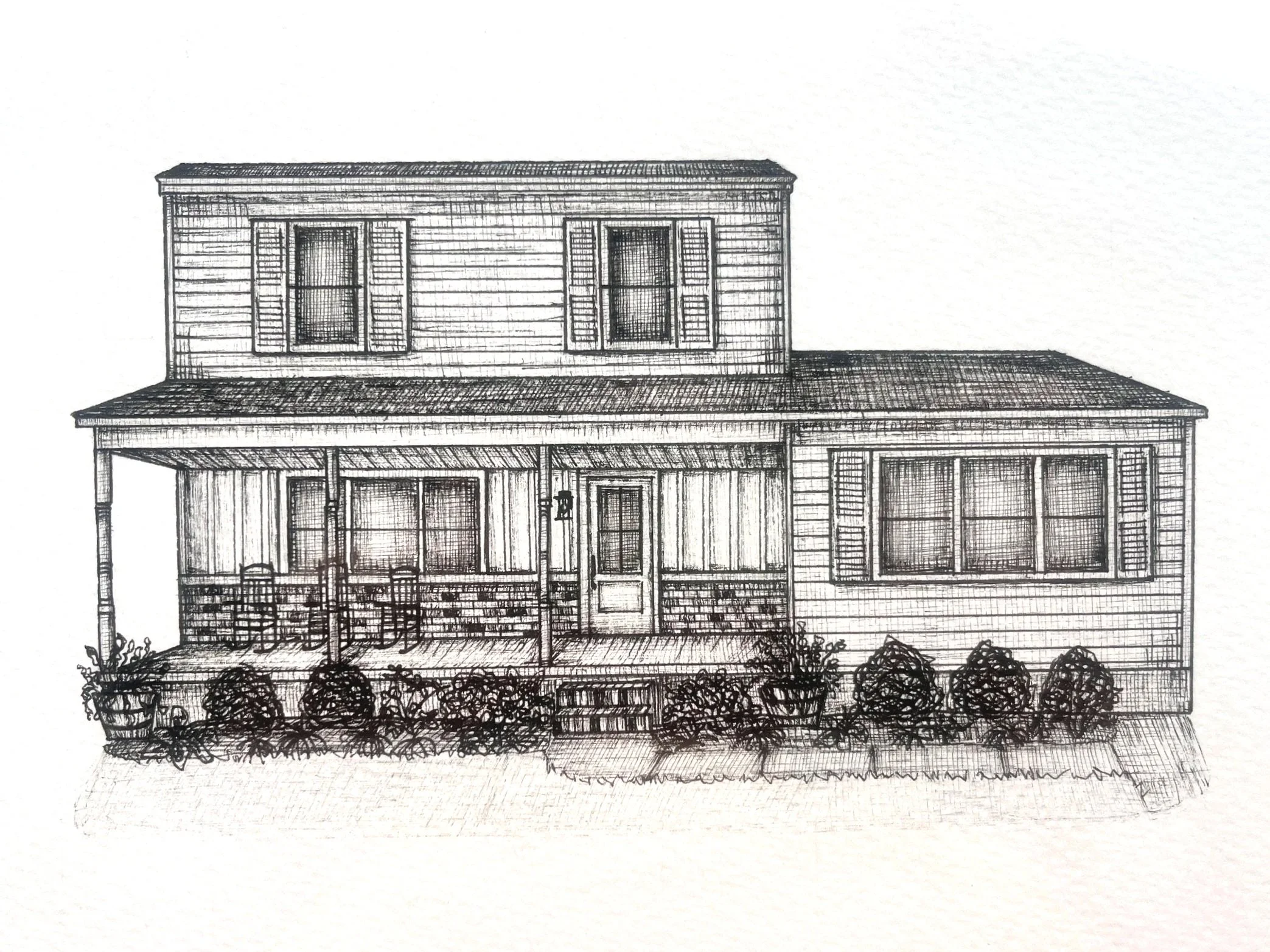 A detailed black and white sketch of a two-story house with a front porch, several windows with shutters, a brick foundation, and a garden with bushes and plants in front.