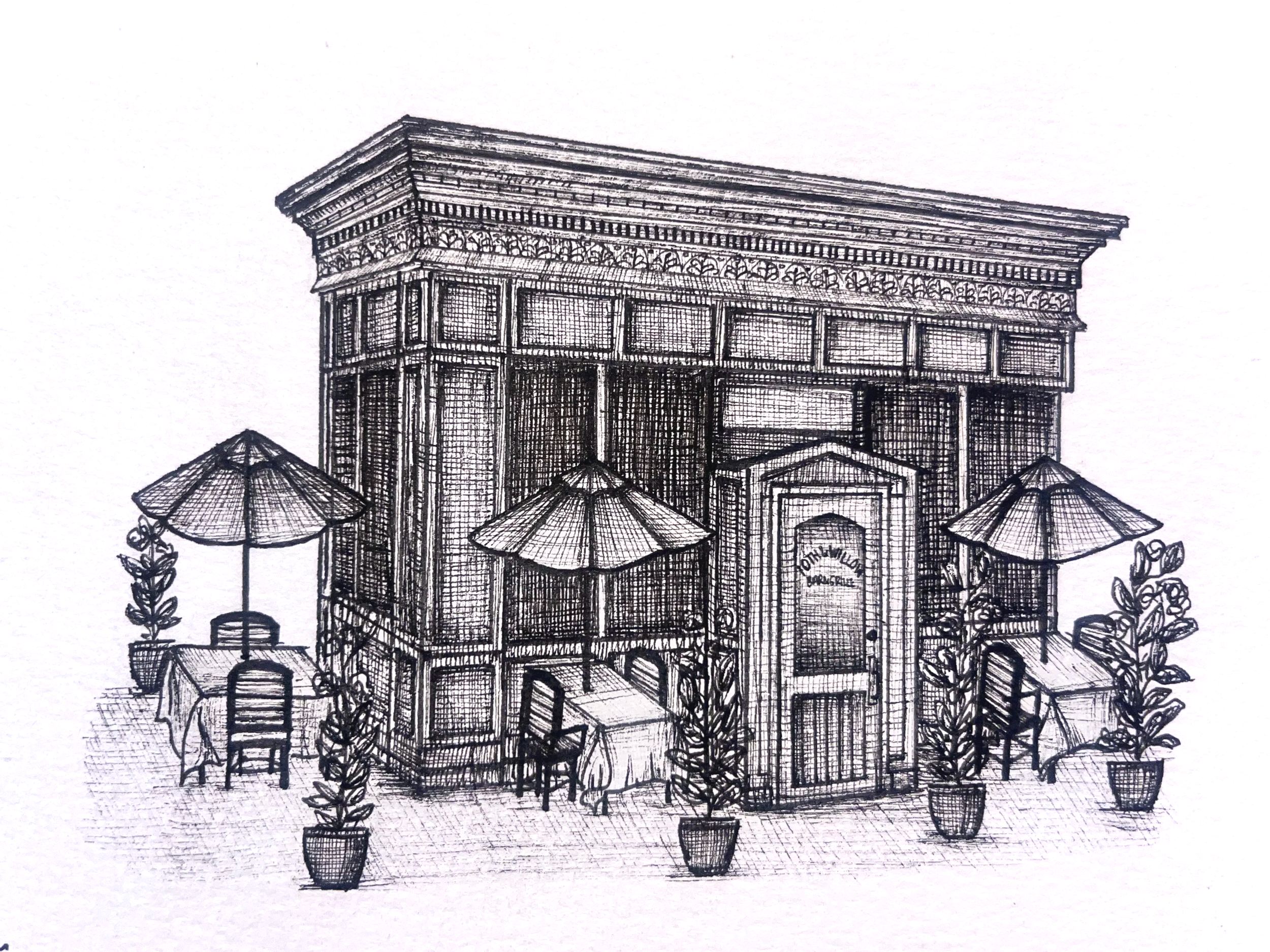 A detailed black-and-white sketch of a small restaurant or café with outdoor seating, including tables, chairs, umbrellas, and potted plants, with a building featuring elaborate architectural details.
