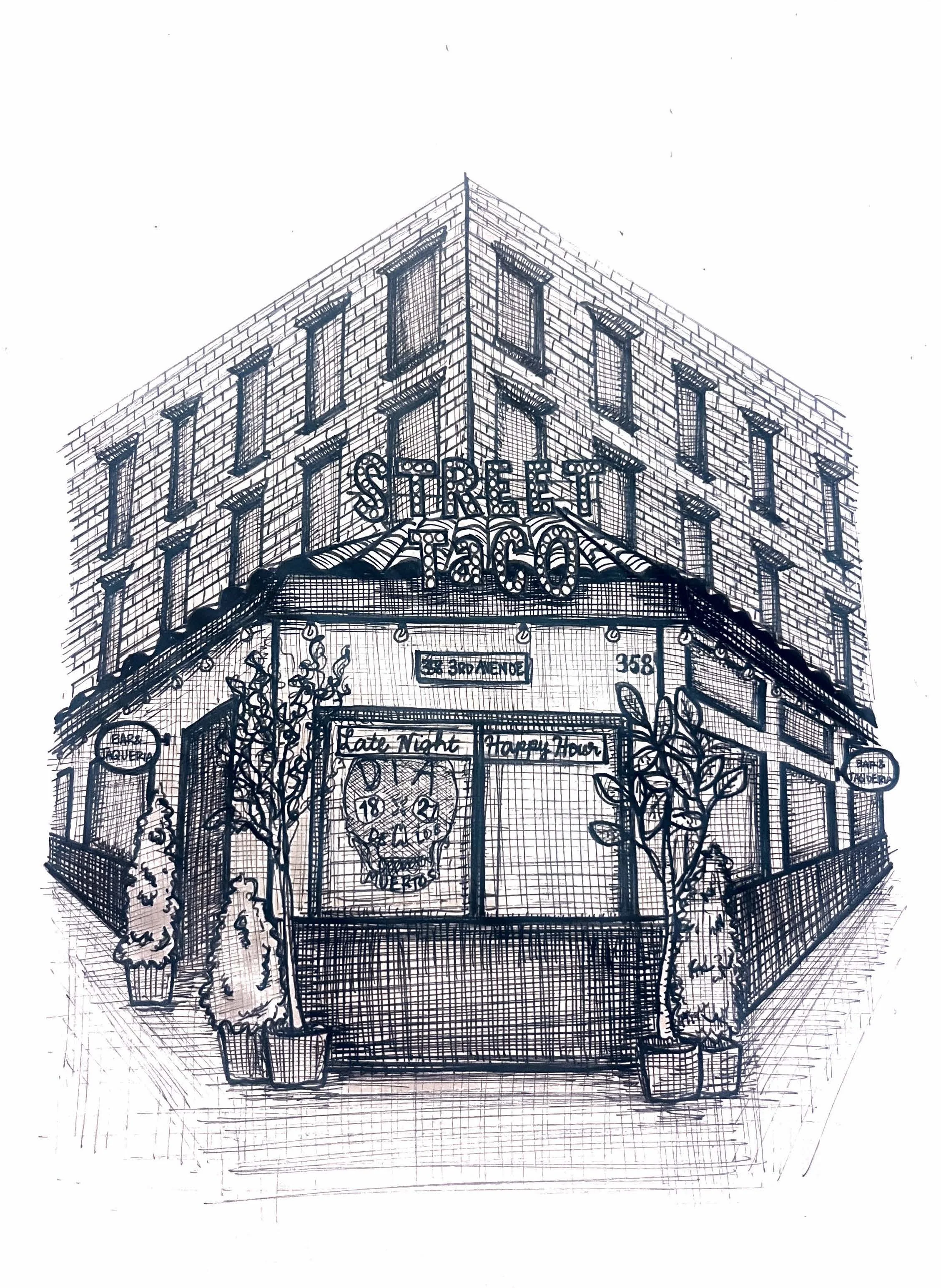 A detailed sketch of a corner street taco restaurant called 'Street Taco' on 3rd Avenue, featuring exterior notes and decorative plants.