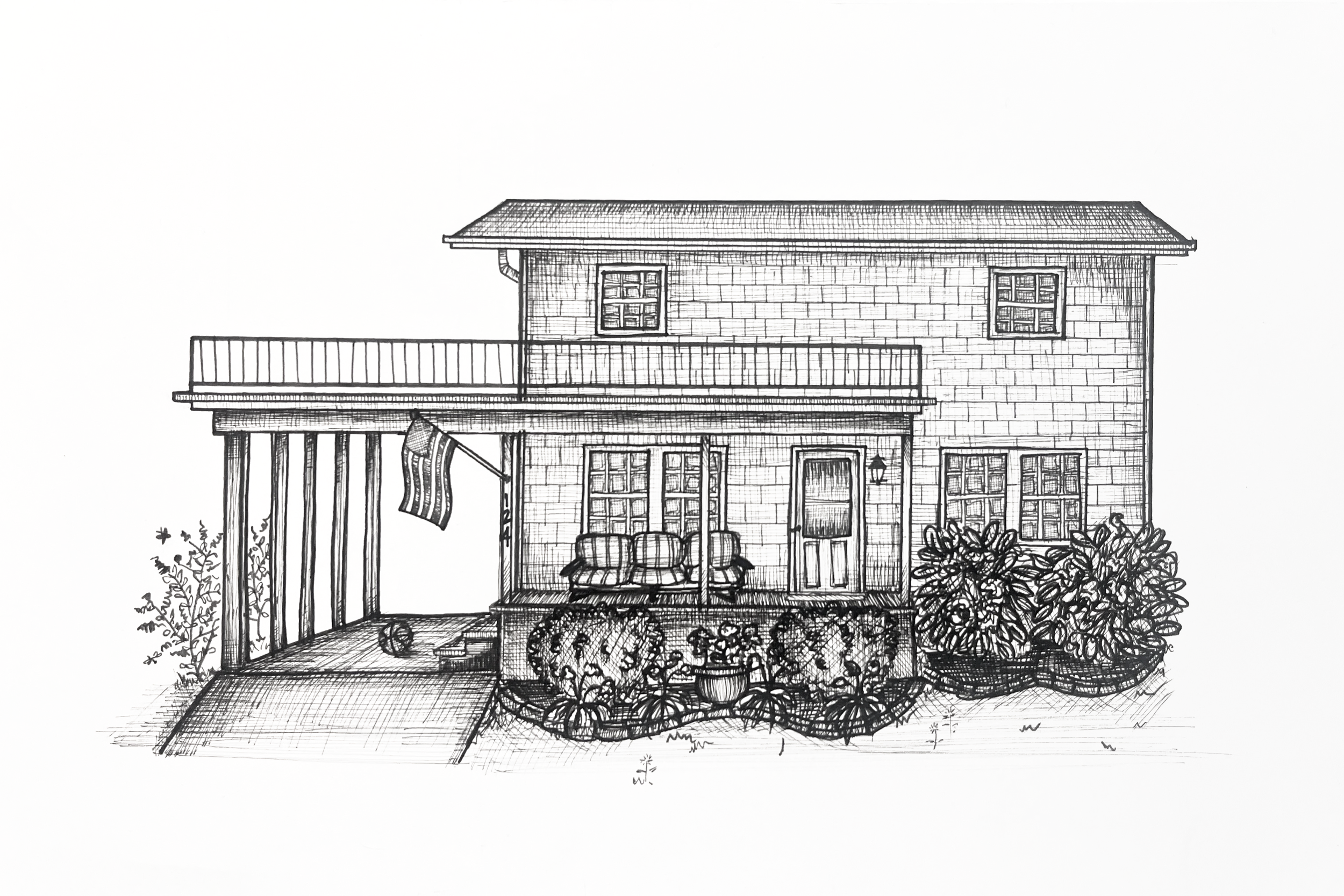 A black and white sketch of a two-story house with a front porch and balcony. The house has several windows, a door with a lantern light, and a garden with bushes and potted plants. A flag is hanging from the porch.