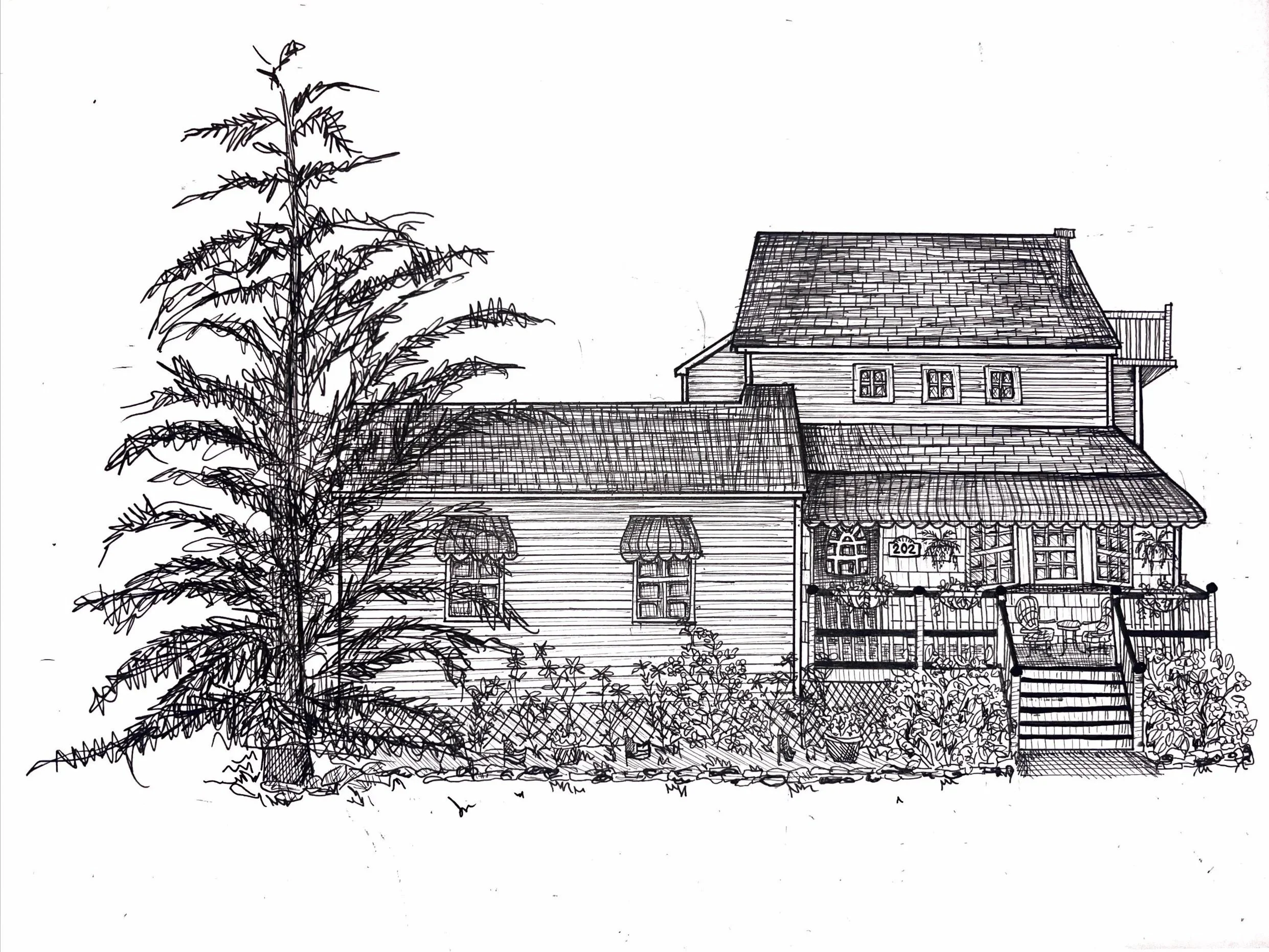 A detailed black and white line drawing of a two-story house with a front porch, stairs, a balcony, and an adjacent large tree on the left, surrounded by a garden and shrubbery.