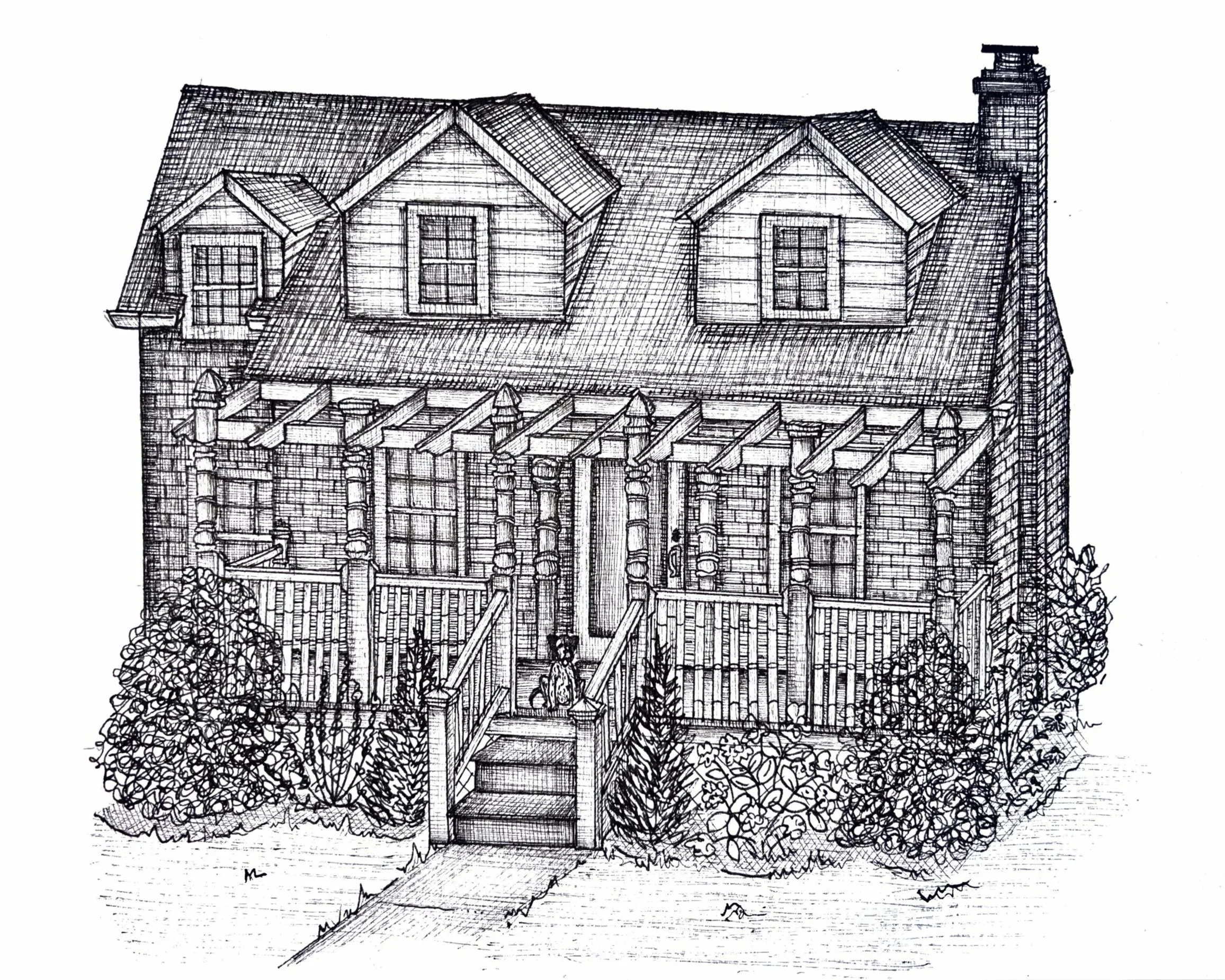 A detailed black and white sketch of a house with a steep roof, dormer windows, a front porch with steps, and surrounding bushes.