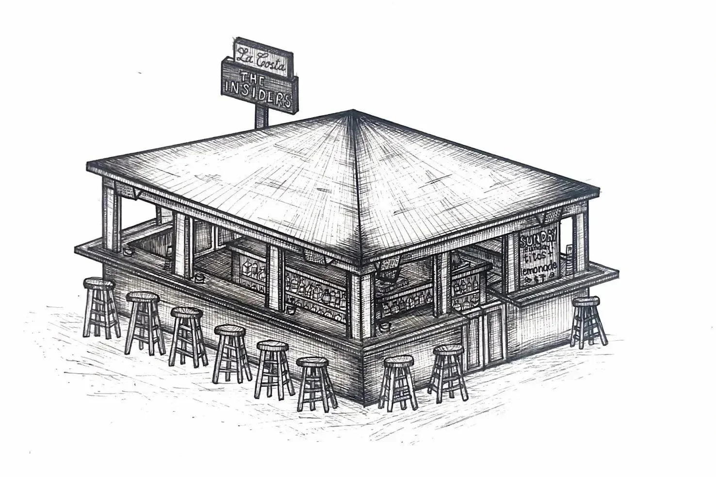 Sketch of a beachside bar with a large roof, stools around the counter, and signs advertising drinks, including a sign for 'La Costa,' 'The Insiders,' and 'Sunday Breakfast, Tacos, Lemonade.'