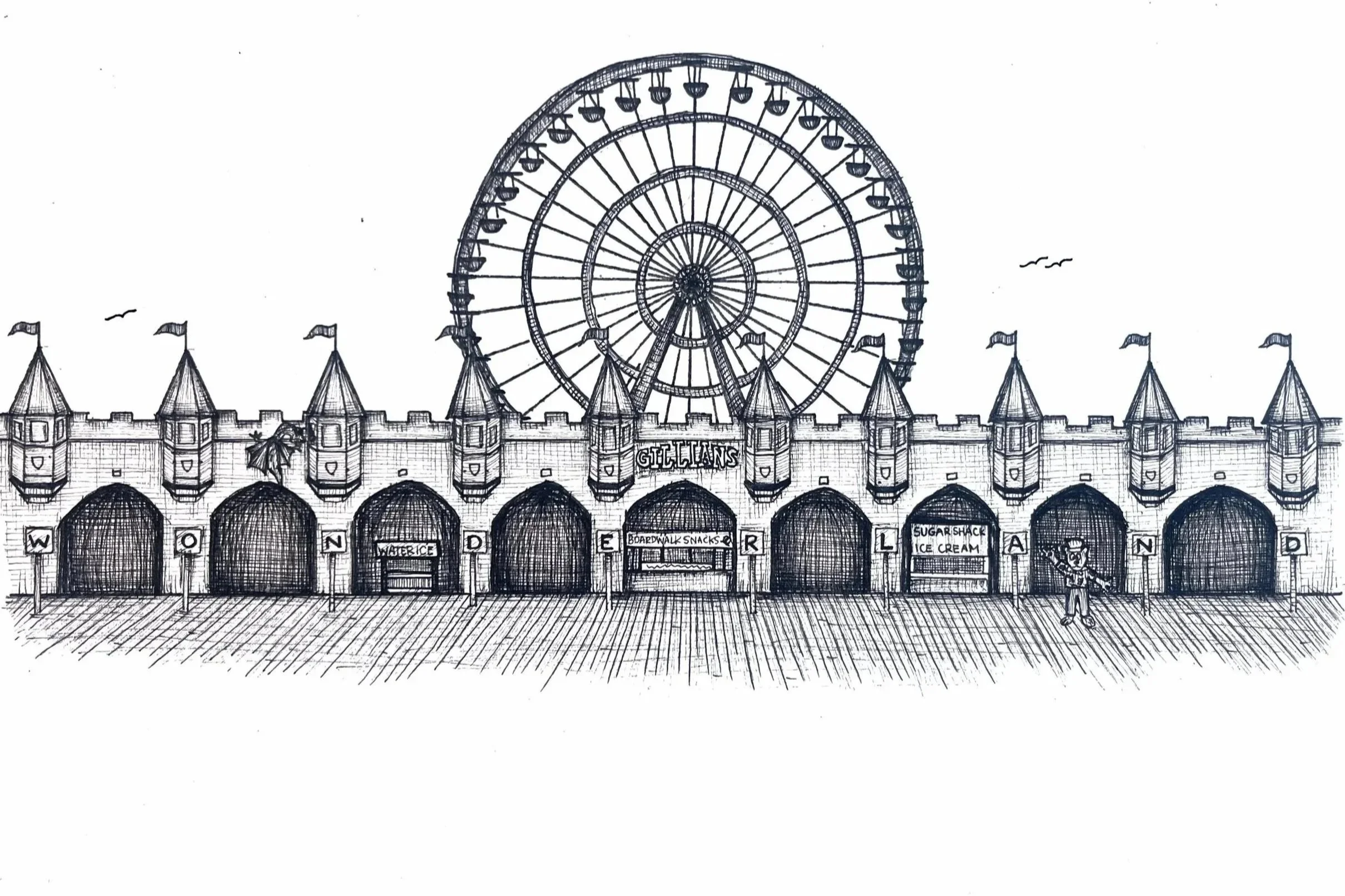 A sketch of a carnival or amusement park with a large Ferris wheel behind a castle-like structure. The structure has flags on its turrets and signs indicating food stalls like water ice, boardwalk snacks, and ice cream. There are signs with letters spelling 'WONDER' and a person in costume standing near the right side.
