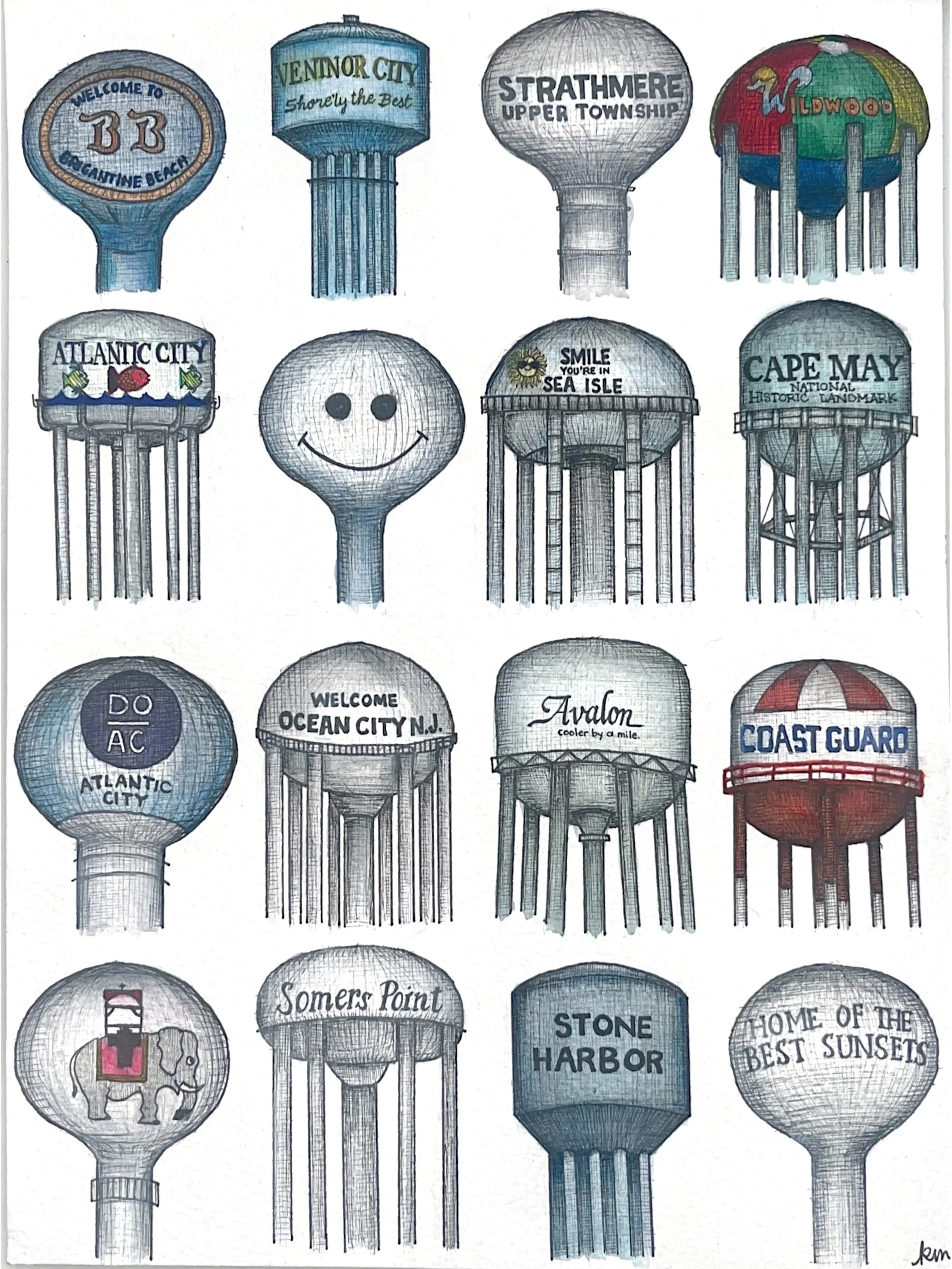Illustration of water towers, each with unique designs and inscriptions representing various locations and landmarks.