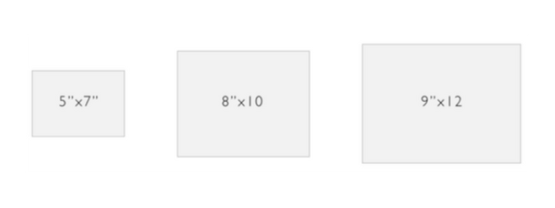 Diagram showing three rectangles of different sizes labeled with their dimensions: 5x7 inches, 8x10 inches, and 9x12 inches, aligned horizontally.