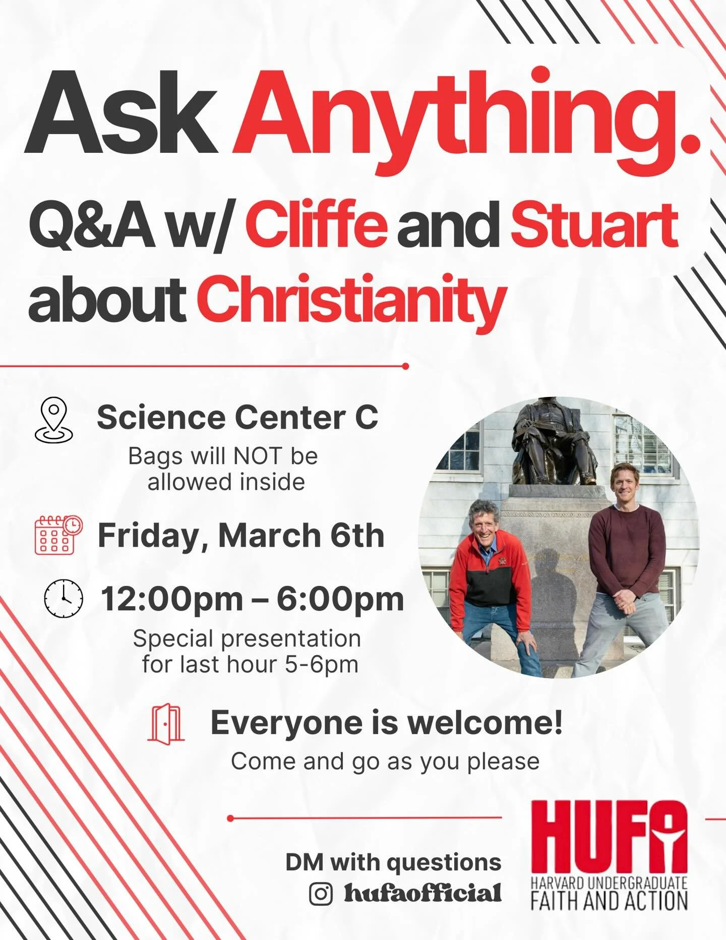 🚨TOMORROW🚨Cliffe and Stuart are HERE to answer your questions!! See you at Science Center C 🤩 *please note NO bags will be allowed in the lecture hall per HUPD*