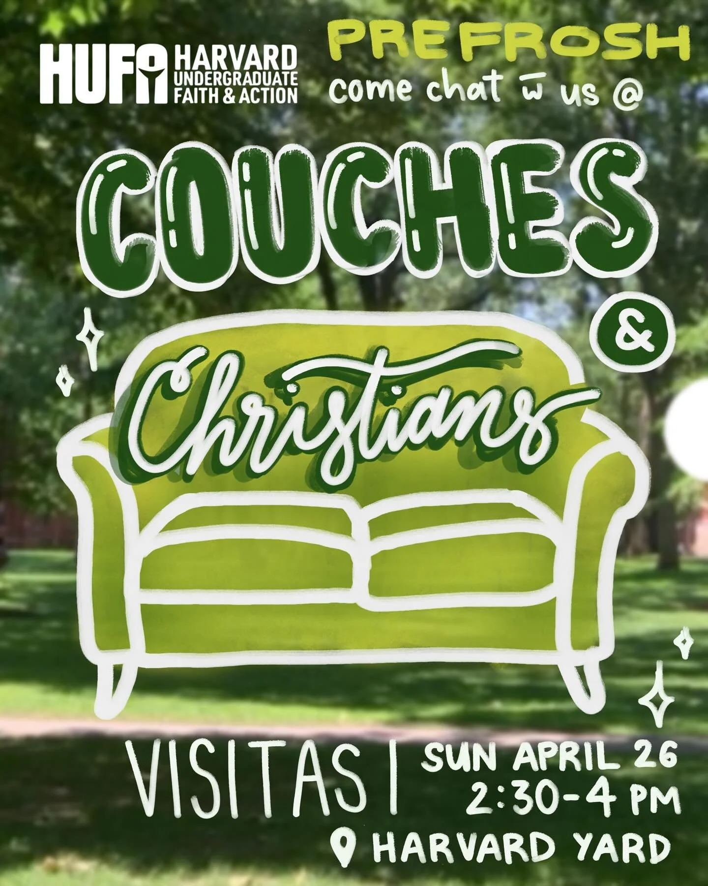 🚨PRE FROSH!!🚨Welcome to campus 🎉 and join us on Harvard Yard for COUCHES AND CHRISTIANS!! We&rsquo;re turning a piece of Harvard Yard into a living room and you don&rsquo;t want to miss it!! 🛋️🌳