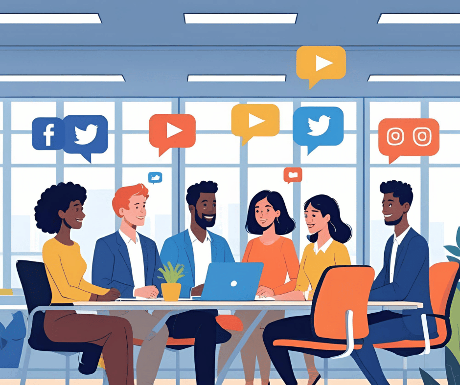 Illustrazione di un team aziendale in riunione per pianificare strategie di social recruiting sui principali social media