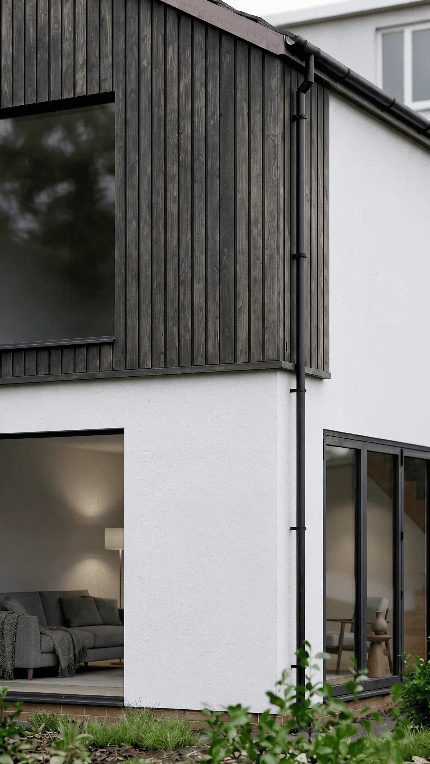 Porch and side extension with dark charred timber cladding and white render, Middle Road, North Wales