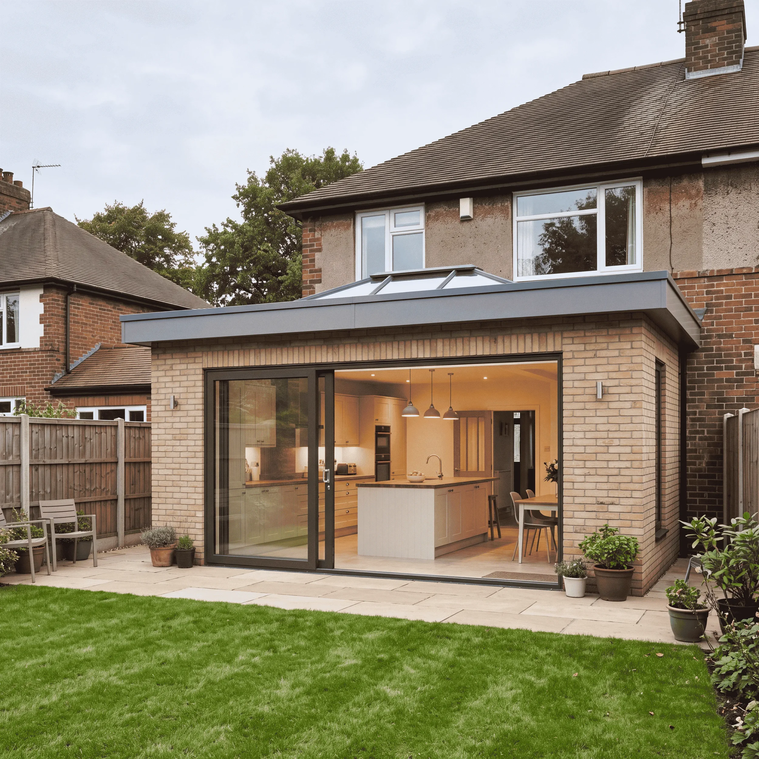 single-storey rear kitchen extension with a roof lantern, sliding doors and a patio