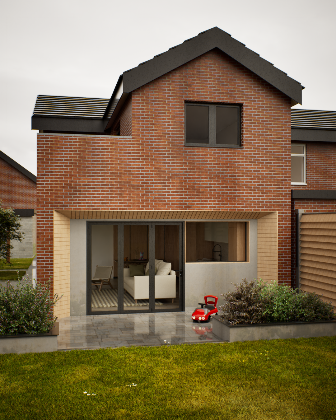 Family home renovation in North Wales - brick house with glazed sliding doors to patio - Dean Close