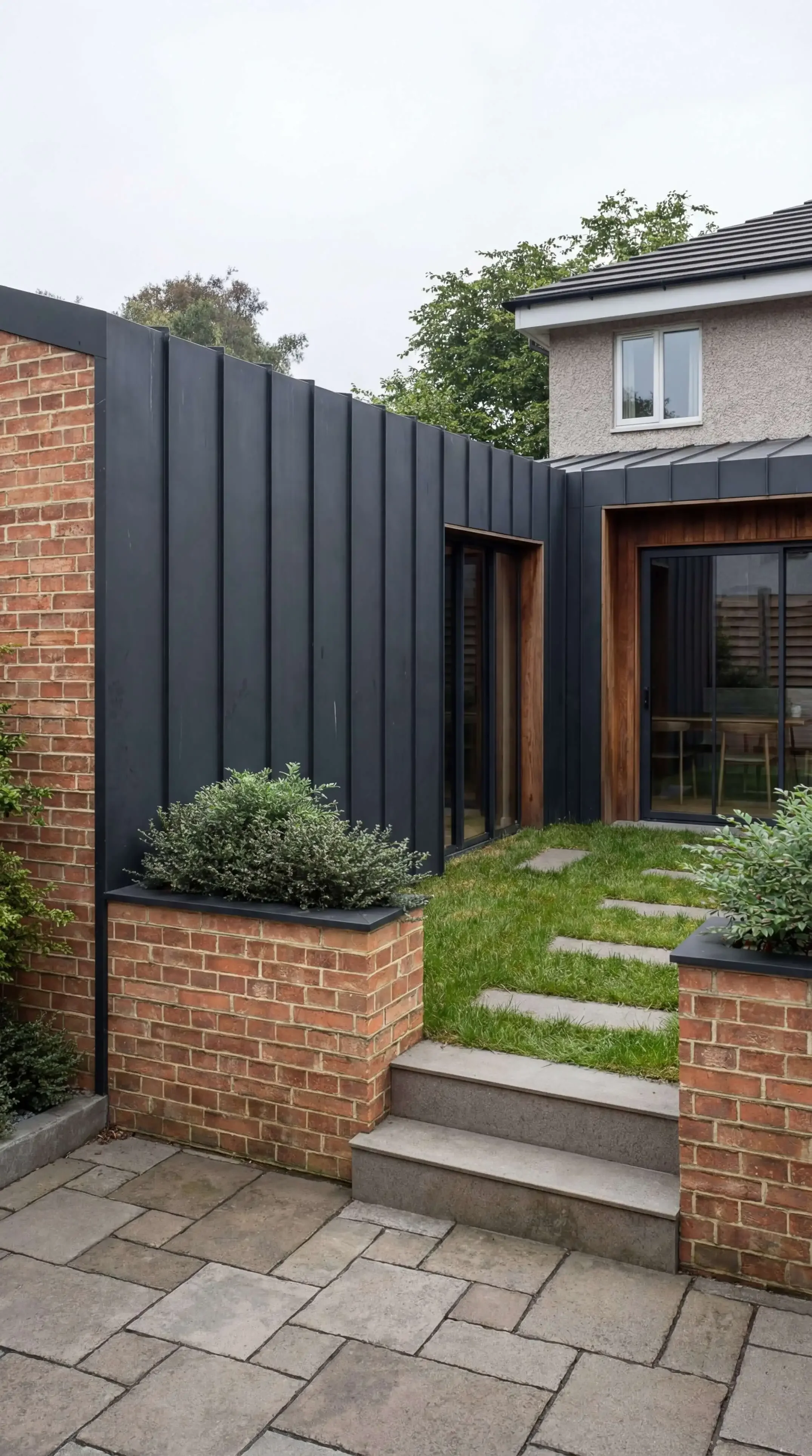 Single-storey rear extension in brick with large glazed doors, North Wales