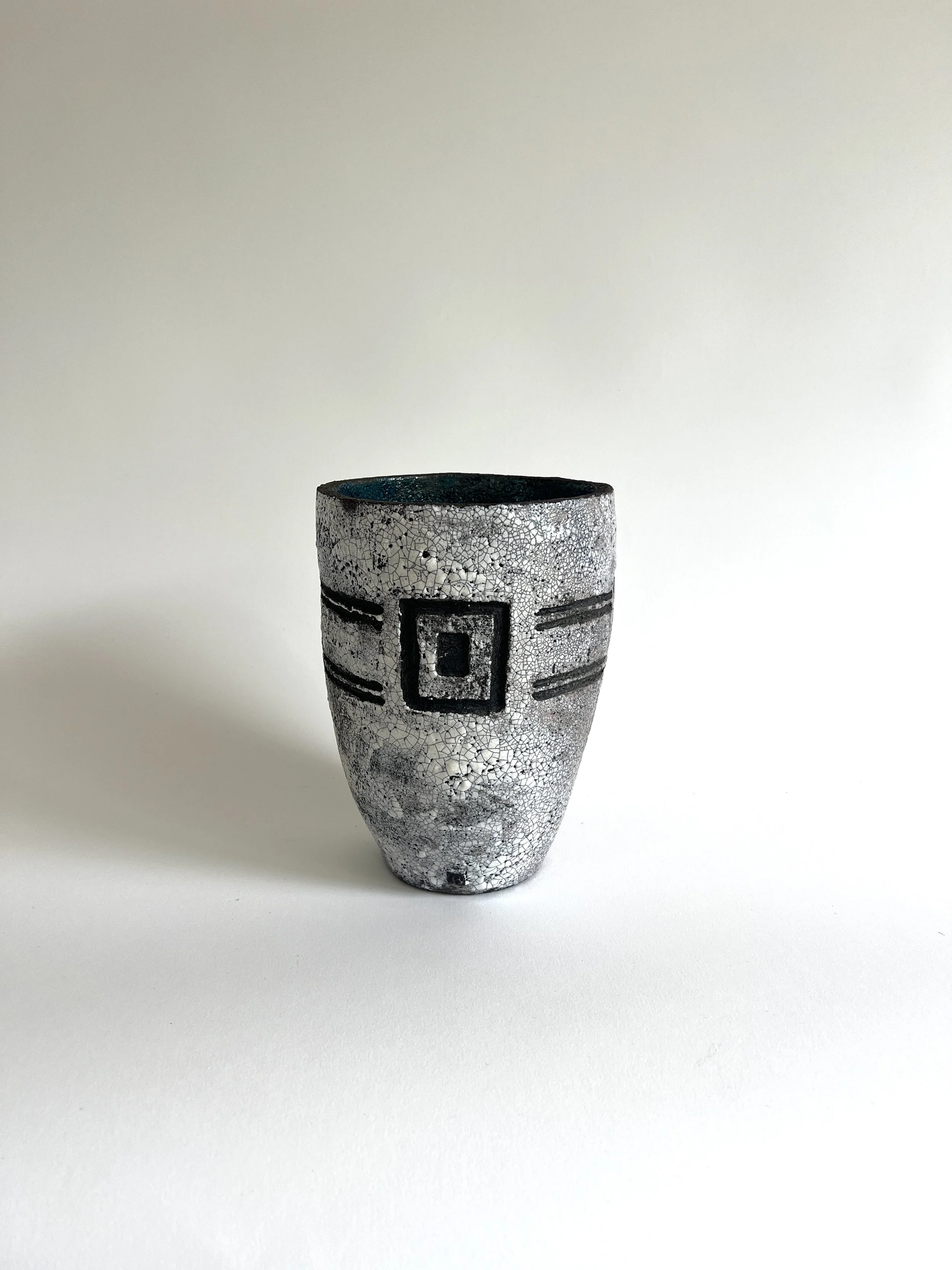 Vessel with carved markings | Coiled | Raku | 17x23cm | £125