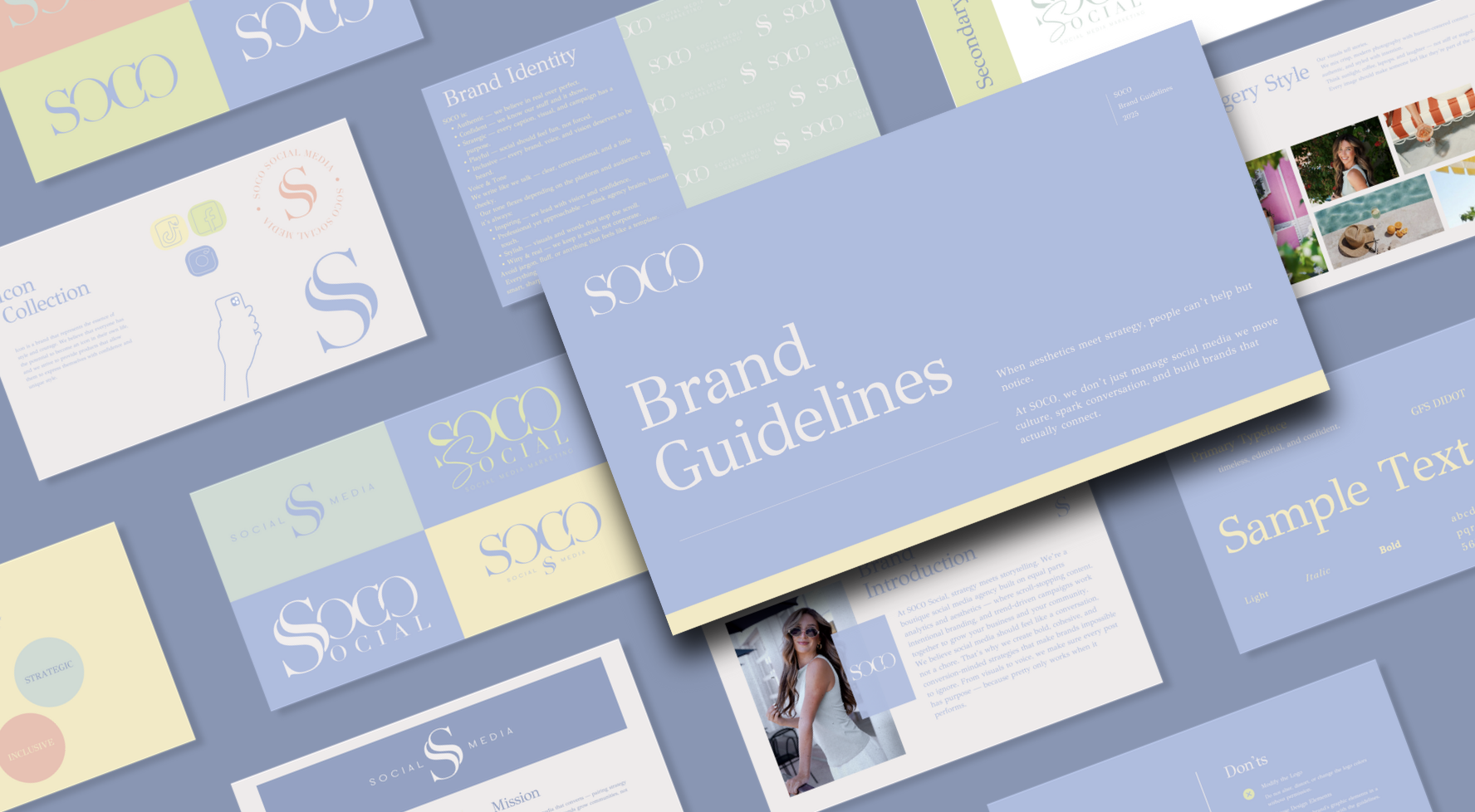 A collection of social media branding and guidelines documents in pastel blue, green, and yellow colors, featuring logos, text, and images of people, including a woman wearing sunglasses.