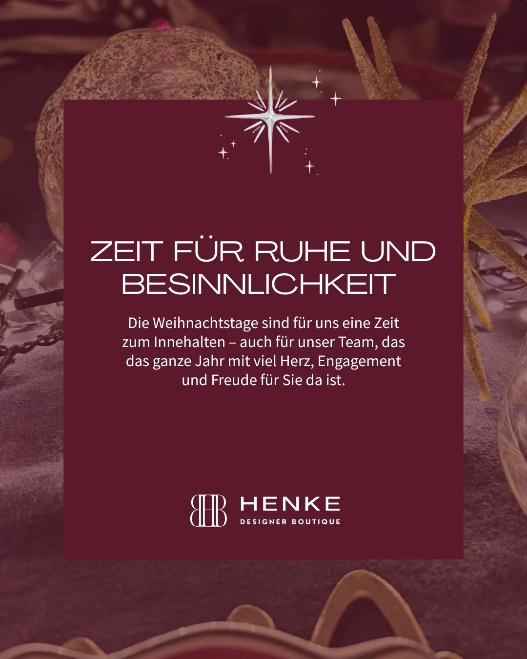 Zeit f&uuml;r Ruhe &amp; Besinnlichkeit 🎄
Die Weihnachtstage sind f&uuml;r uns eine bewusste Pause &ndash; eine Zeit zum Innehalten, Durchatmen und Kraft sammeln.

Vor allem f&uuml;r unser Team, das das ganze Jahr mit viel Engagement, Herz und Freud
