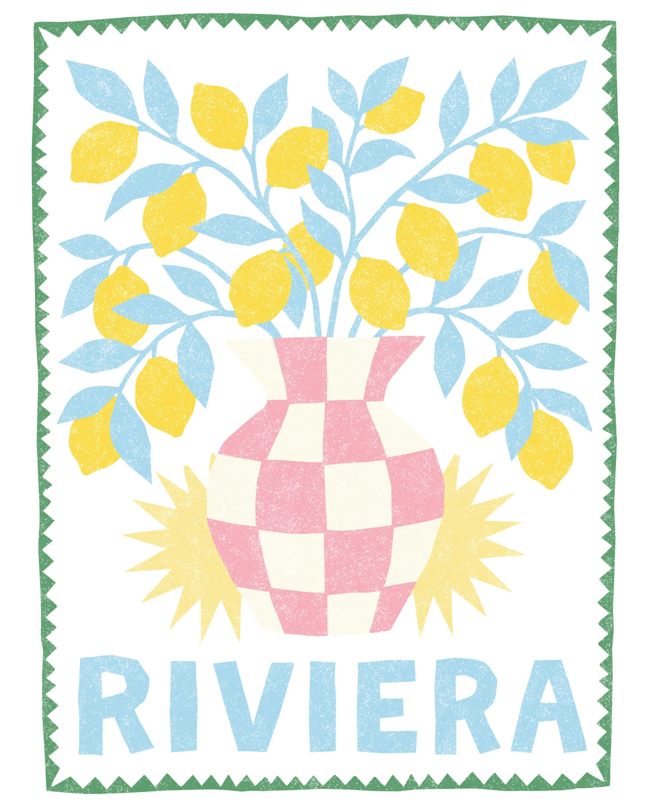 Vintage-style illustration of a lemon bouquet in a pink vase with the word 'RIVIERA' in bold blue capital letters at the bottom, framed with a green border.
