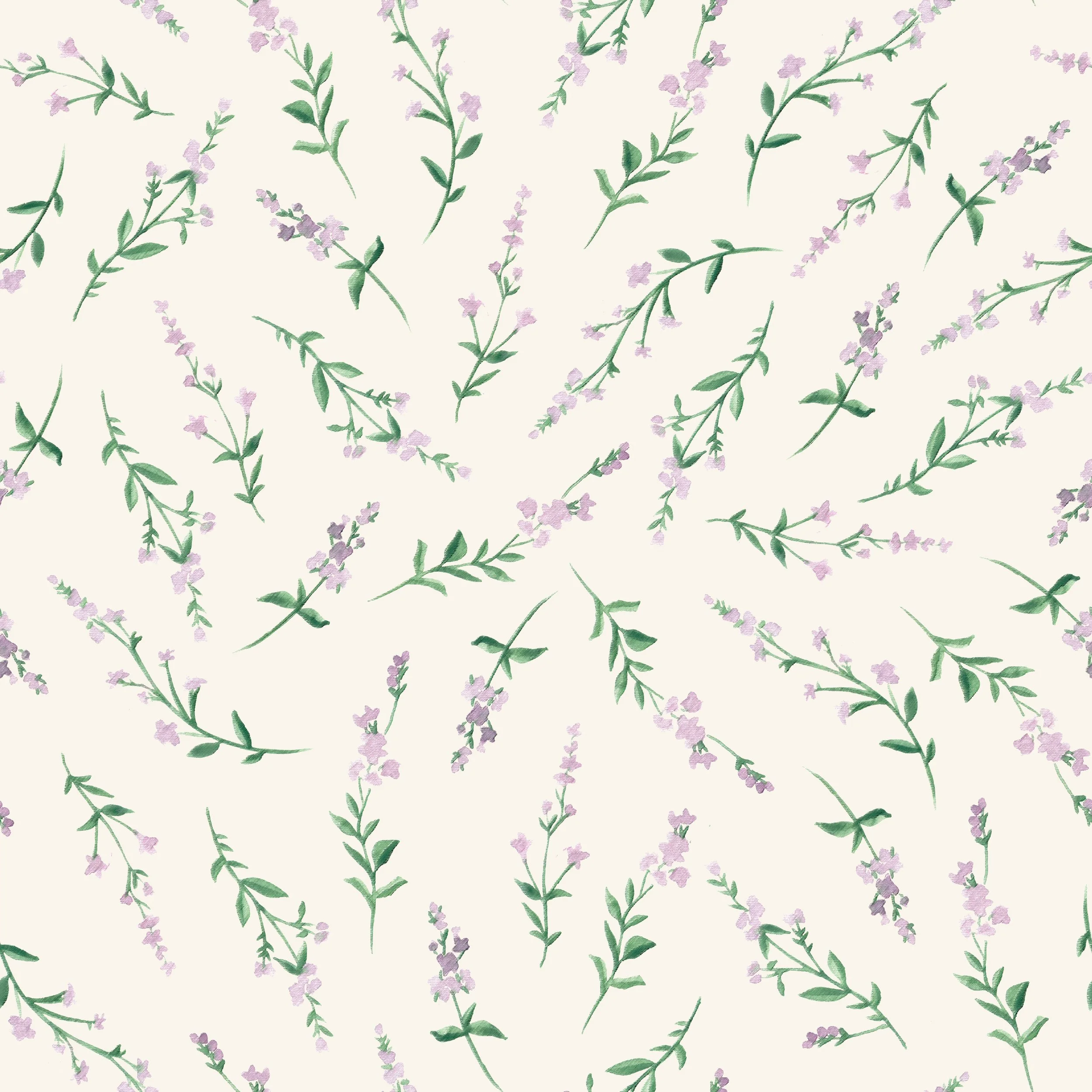 A pattern with light purple flowers and green leaves scattered on a cream background.