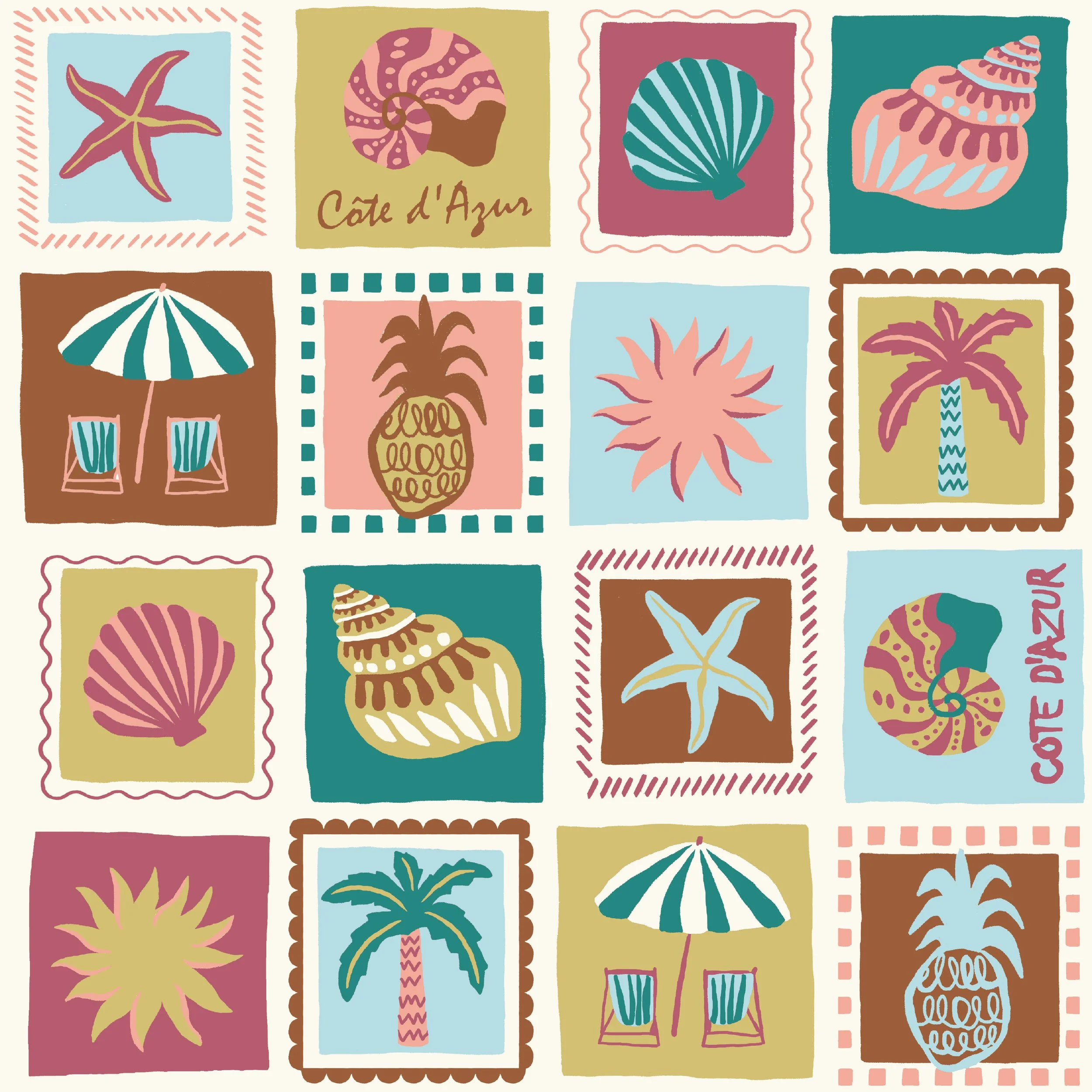 Collage of colorful illustrations of summer and beach themed images, including a starfish, seashells, a pineapple, a palm tree, an umbrella, and a sunset, with decorative borders and text such as "Côte d'Azur" and "Relax".