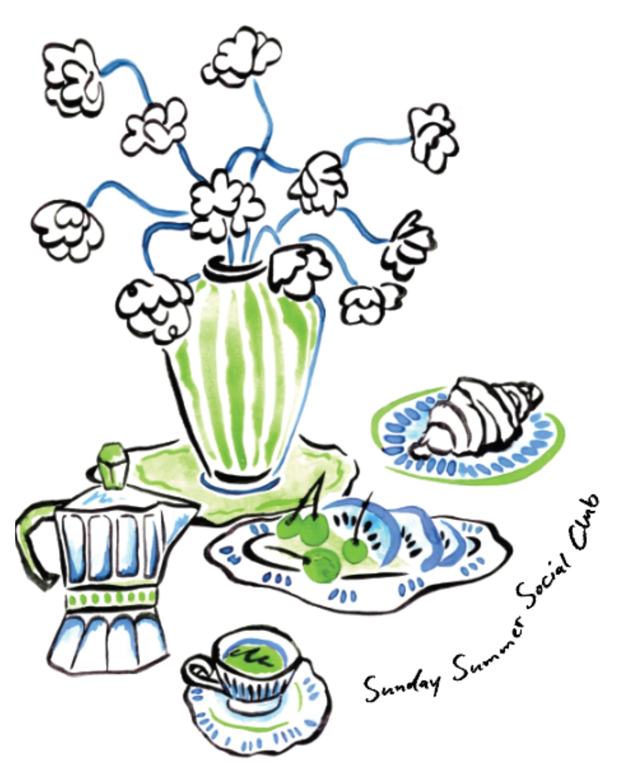 Hand-drawn illustration of a table set for a meal with a potted plant, a bowl of green peas, a cup, and a shell on a plate, with the handwritten note 'Sunday Soup'.