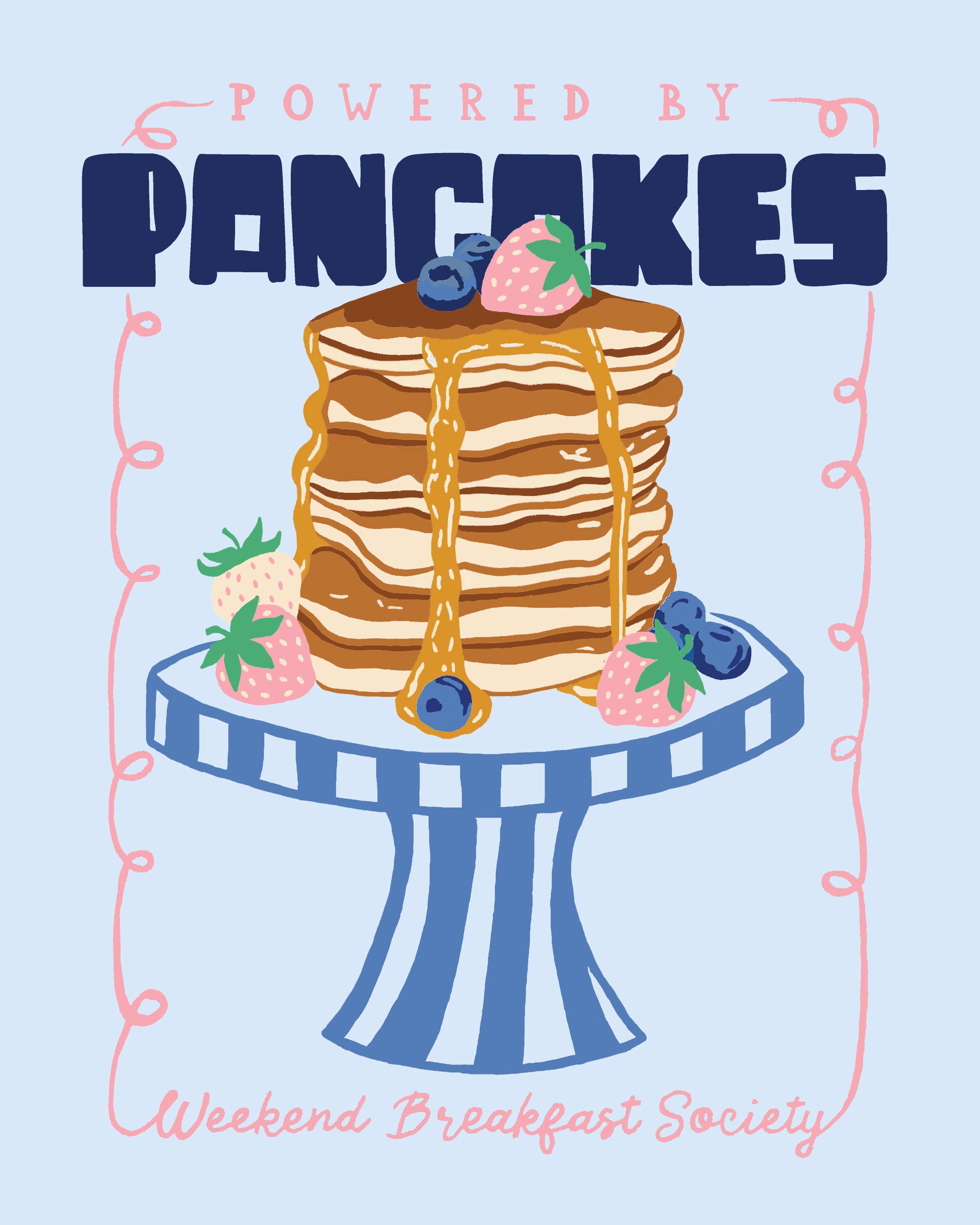 A logo with a light blue background and pink cursive text saying "Powered by" at the top and "Weekend Breakfast Society" at the bottom. Centered is a stack of pancakes topped with strawberries and blueberries, with syrup dripping down.