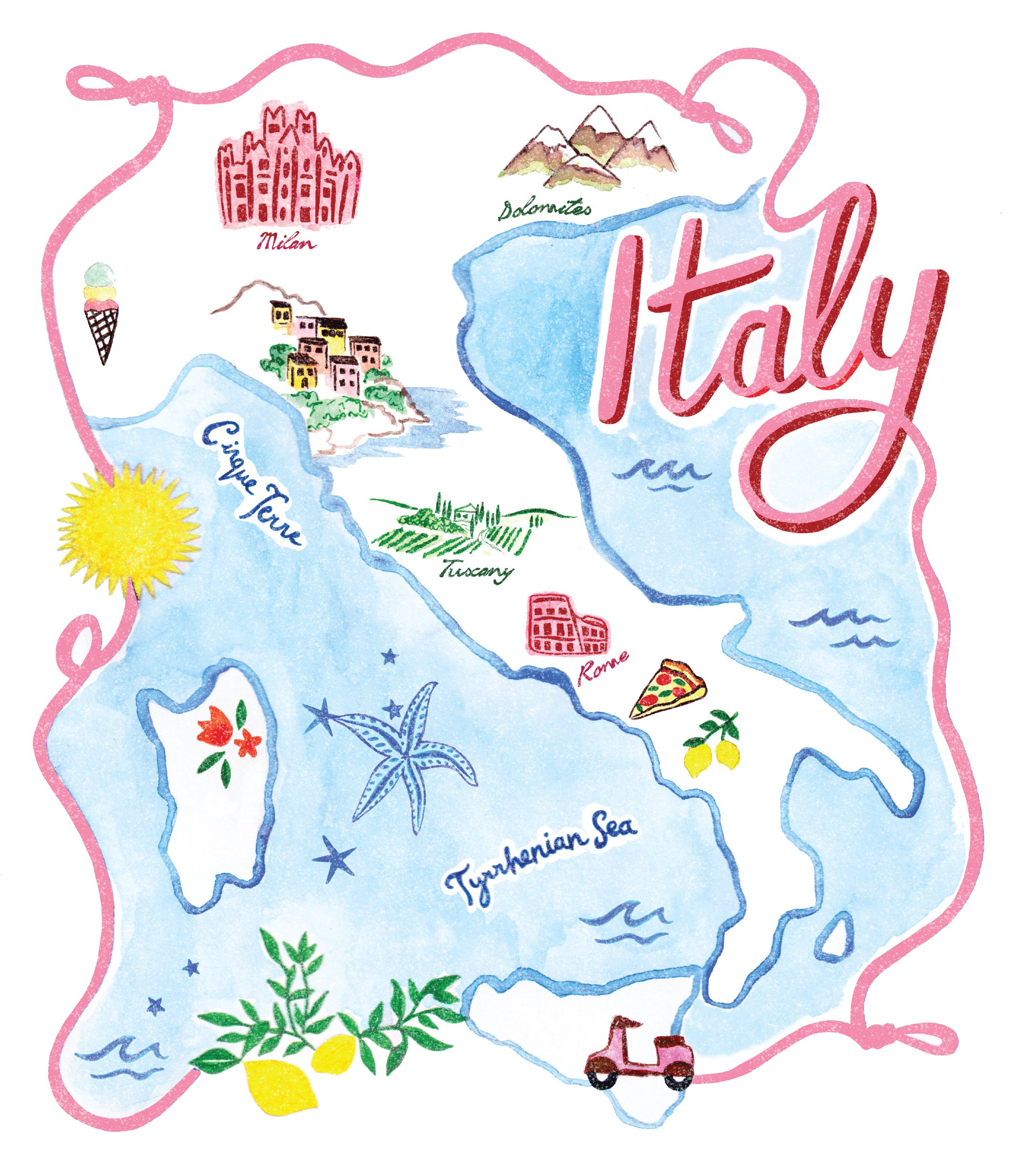 A colorful illustrated map of Italy featuring landmarks such as Milan, the Dolomites, Rome, and Tuscany, with symbols representing each region, including an ice cream cone, a sunset, a pizza, and a vintage car.