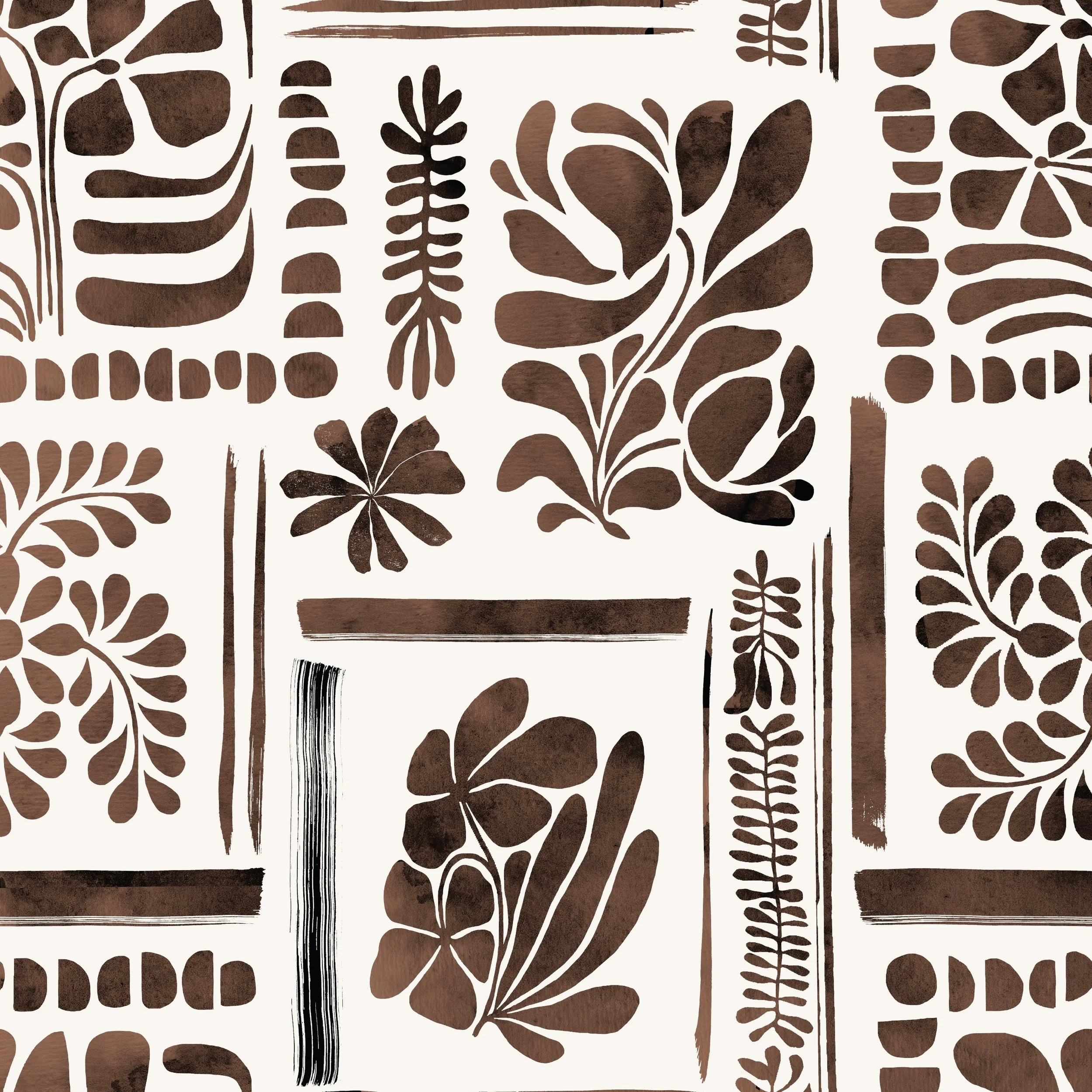 Pattern of brown botanical silhouettes on a beige background, including leaves, stems, and various plant shapes.