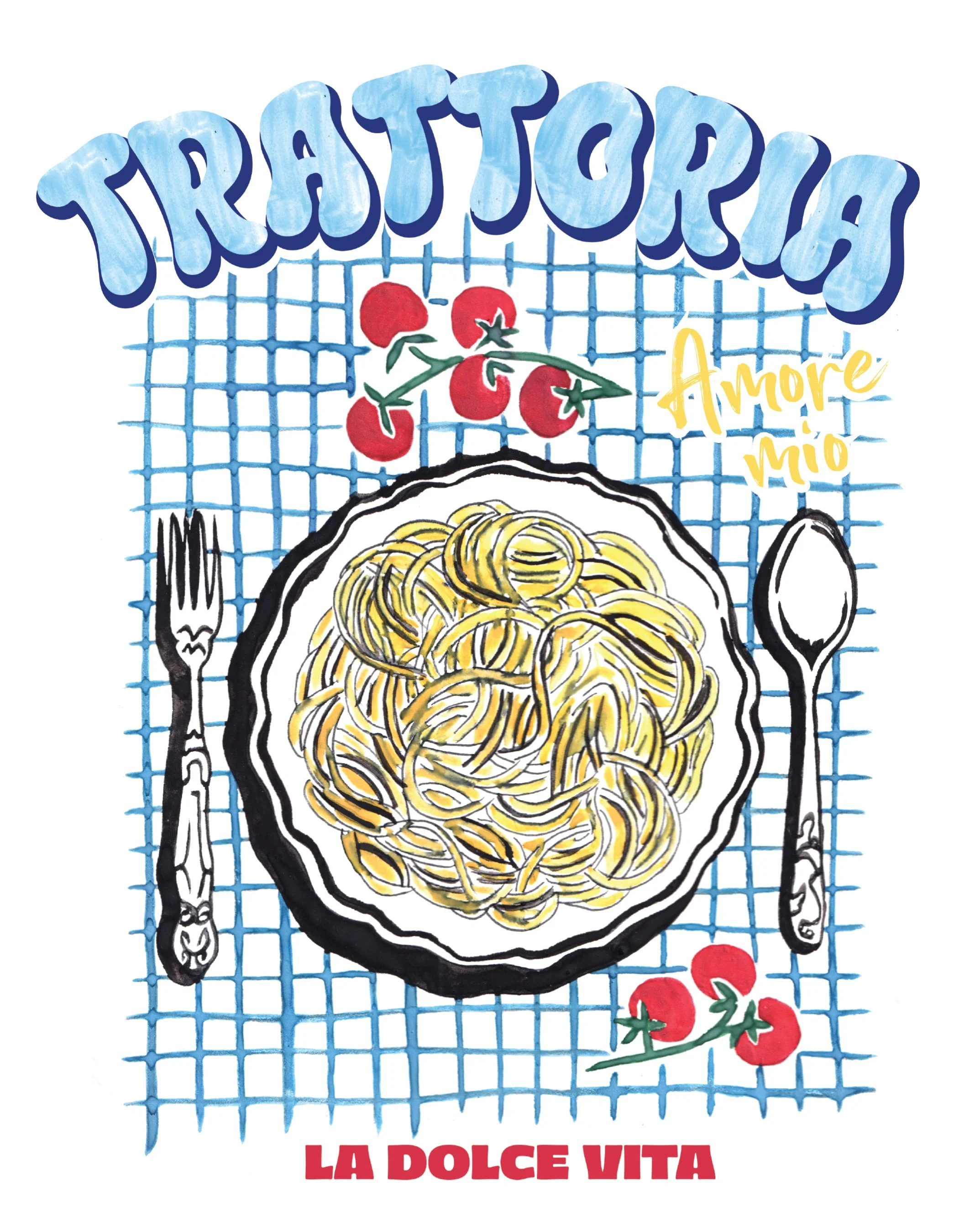 Illustration of a pasta dish with spaghetti topped with a black sauce, placed on a black plate. There are fork and spoon silhouettes on sides of the plate. The background has a blue grid pattern with a cluster of red cherry tomatoes on a vine above t