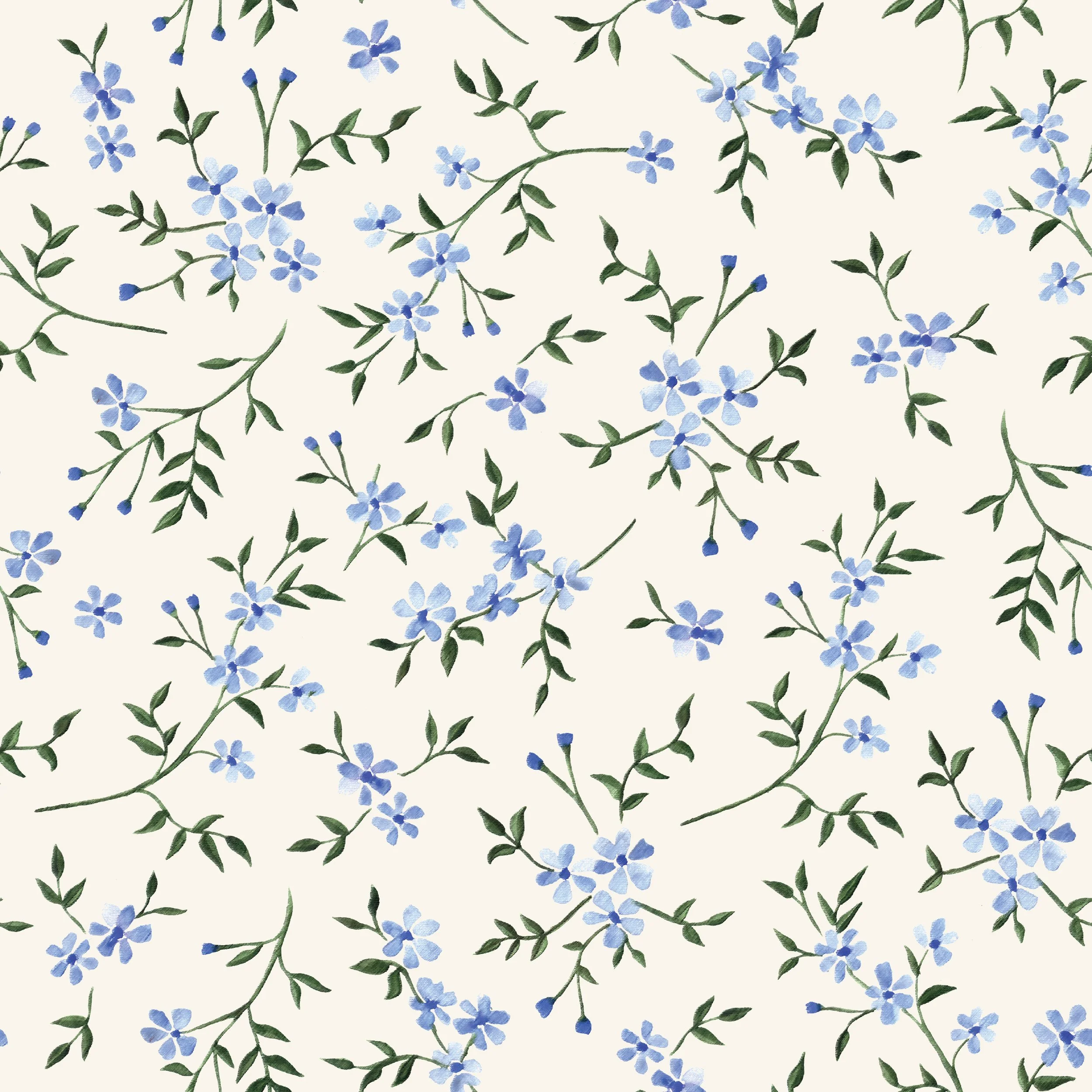 A pattern of small blue flowers with green leaves and stems on a cream background.