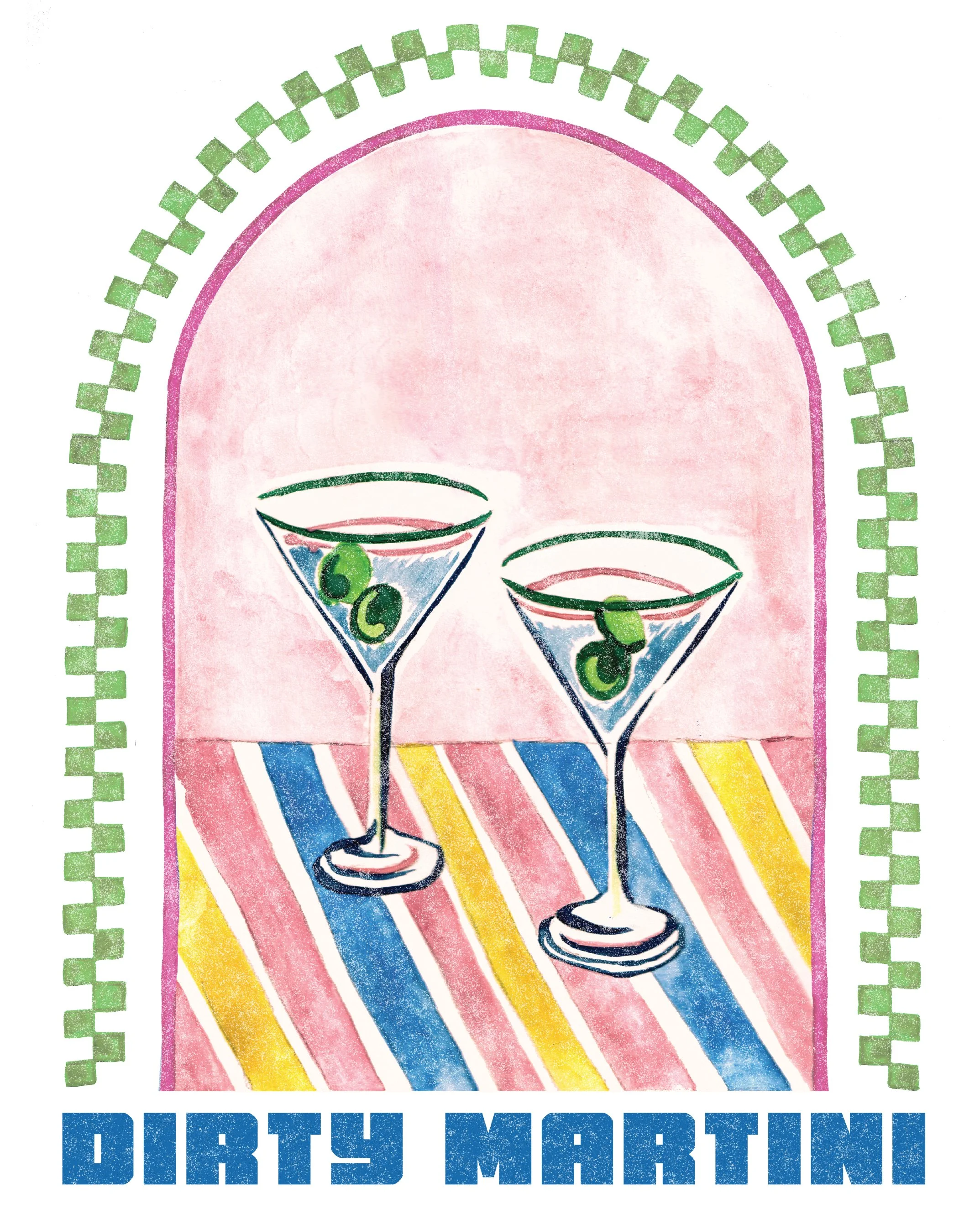 A colorful poster featuring a pink background with two martini glasses filled with olives, set against rainbow-colored diagonal stripes and green checked border. The text reads "Party Martini" in large blue letters.