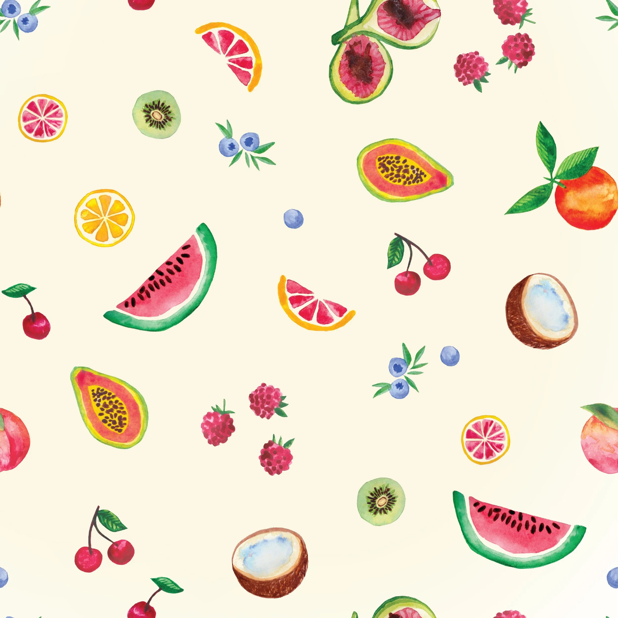 Watercolor illustration of various fruits including watermelon, papaya, kiwi, berries, and citrus slices on a light background.