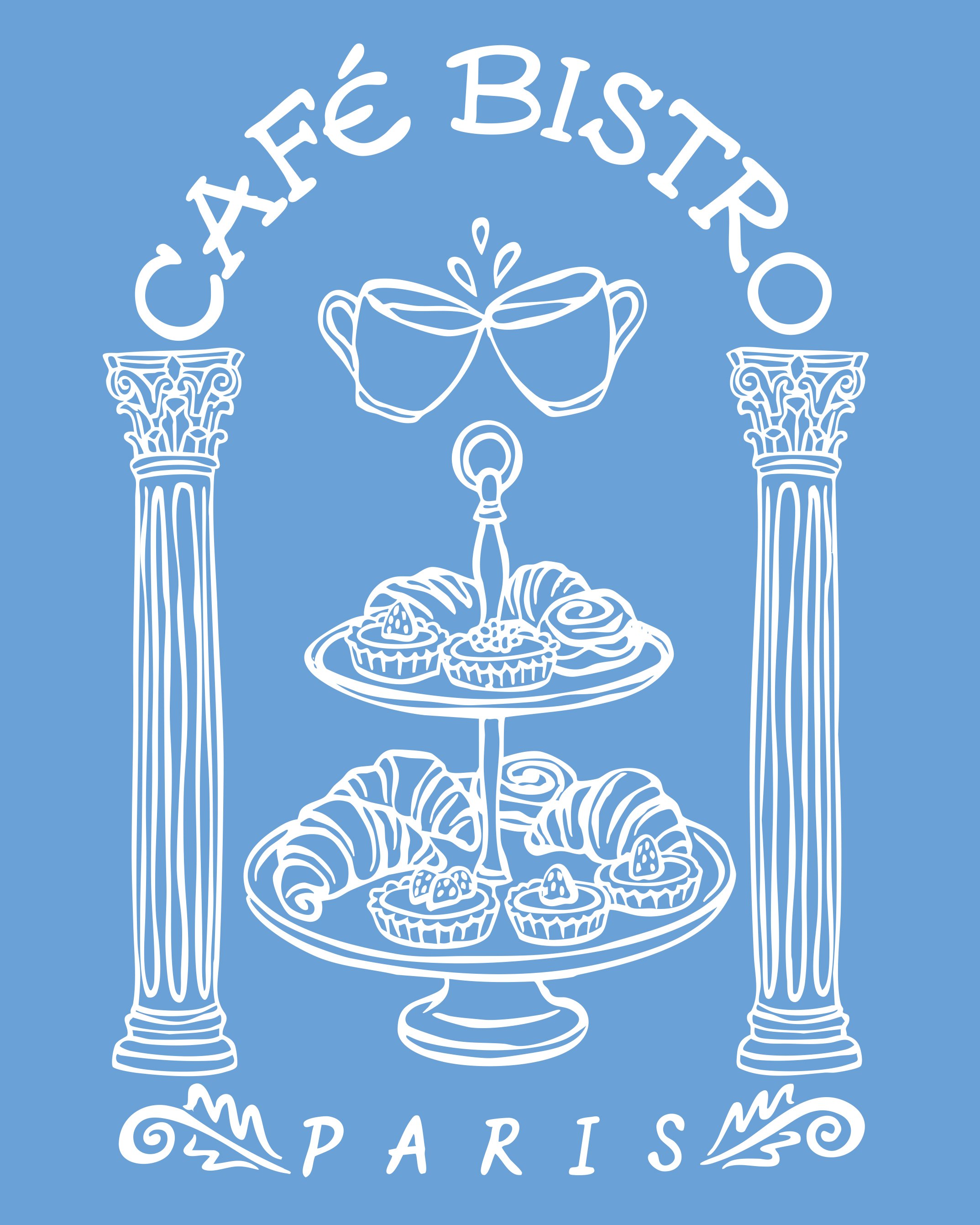 Logo of Café Bisztro Paris featuring two columns with ornate capitals, a tiered stand with pastries and cupcakes, two coffee cups with splashes of coffee, and the text "Café Bisztro Paris" written in a stylized font.