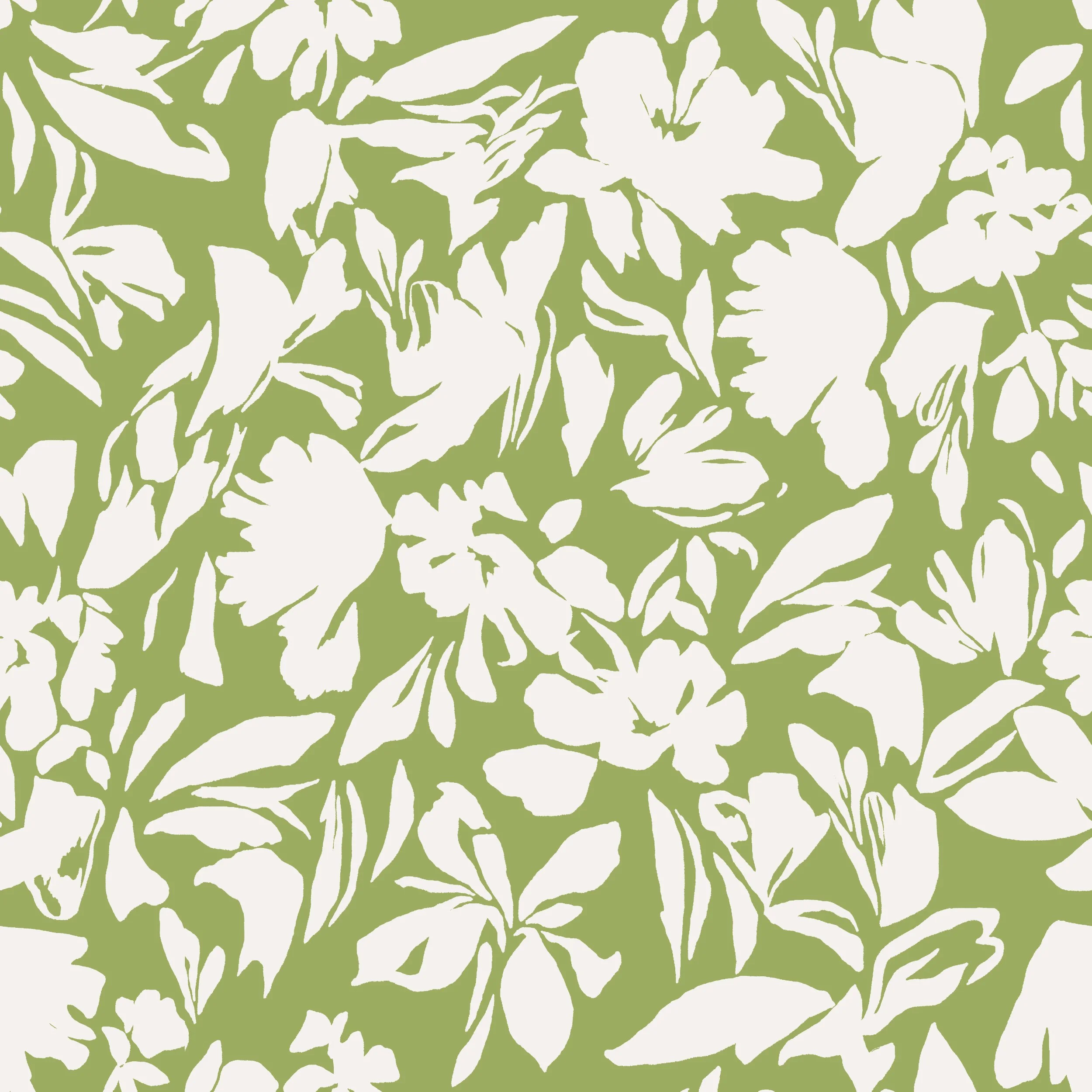 Pattern with white floral shapes on a light green background.