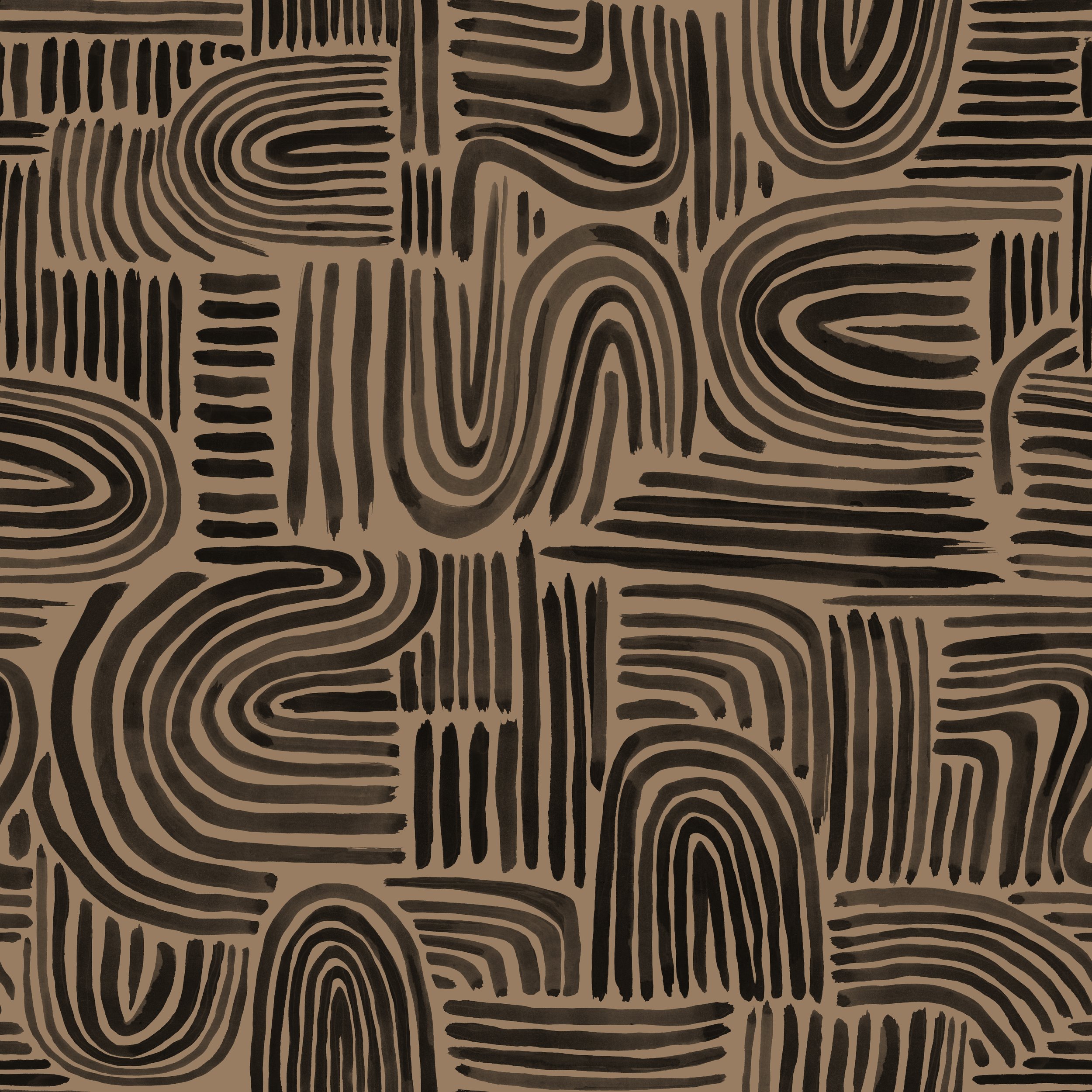 A pattern of black abstract lines and shapes on a beige background, resembling a wood grain design.