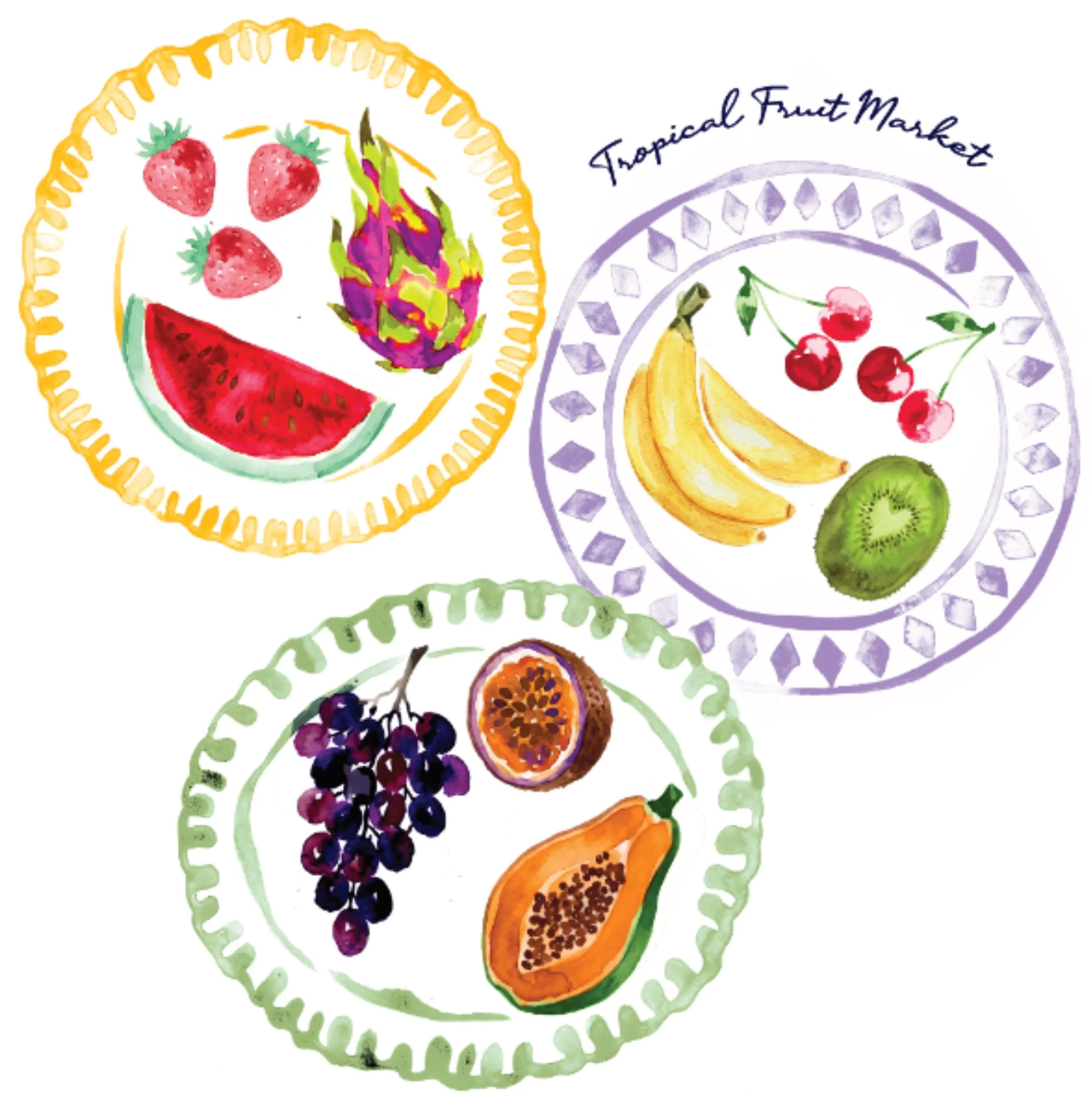 Watercolor illustration of tropical fruit masks, including strawberries, pineapple, bananas, cherries, kiwi, blueberries, blackberries, and papaya, with decorative borders and the text 'Tropical Fruit Mask'.