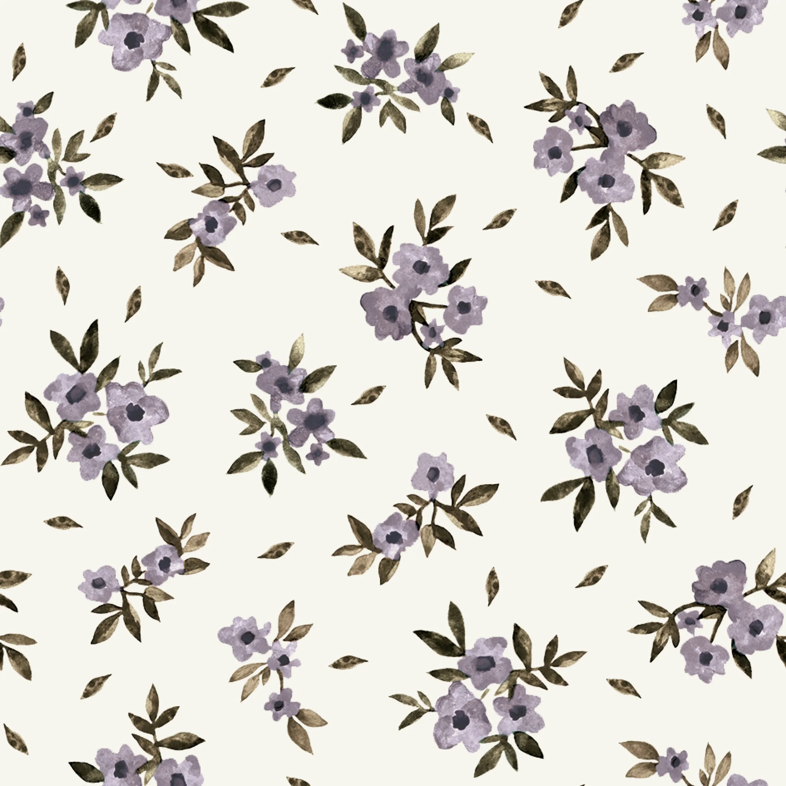 Watercolor pattern of purple flowers and green and brown leaves on a cream background.