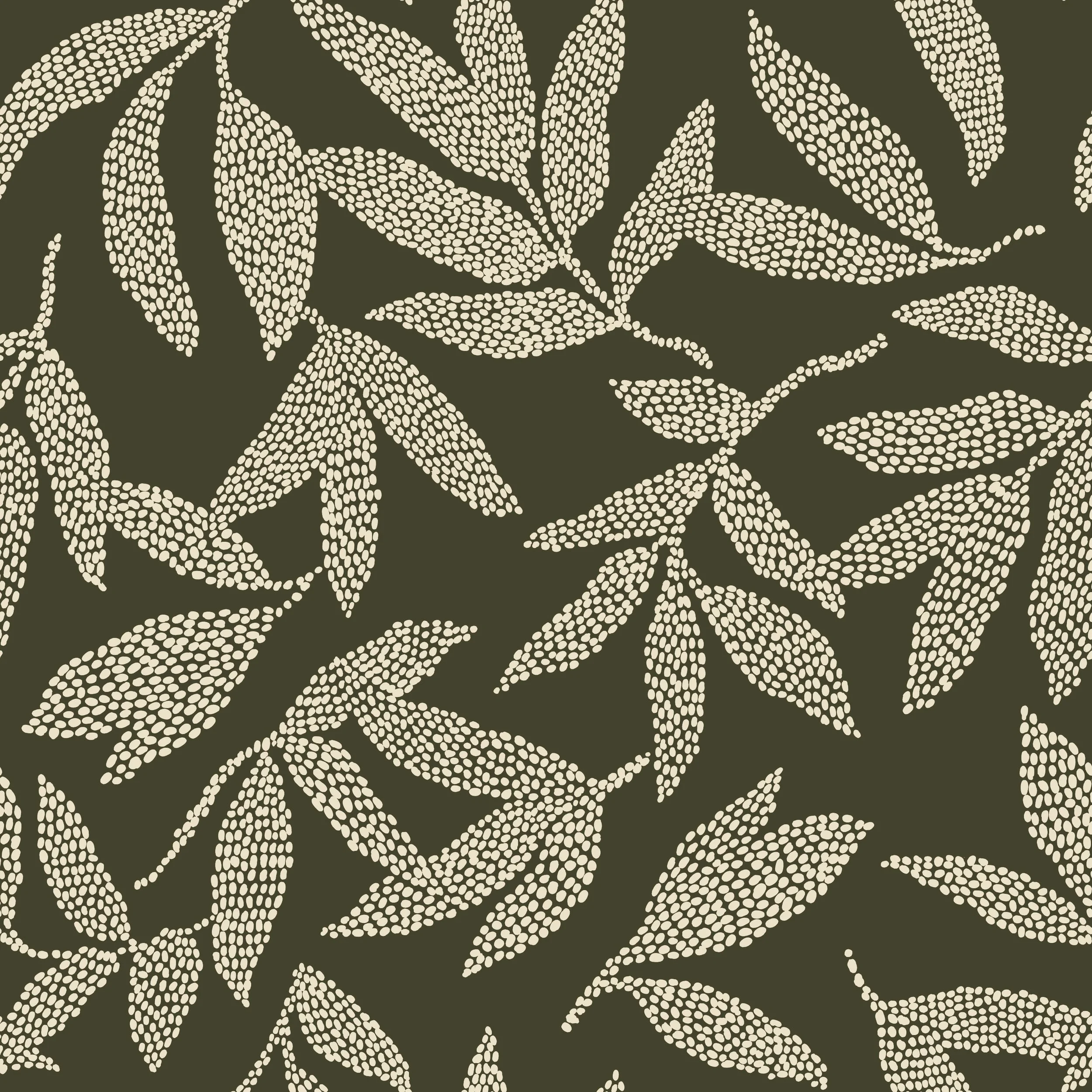 A pattern of leaves made up of small cream-colored dots on a dark background.