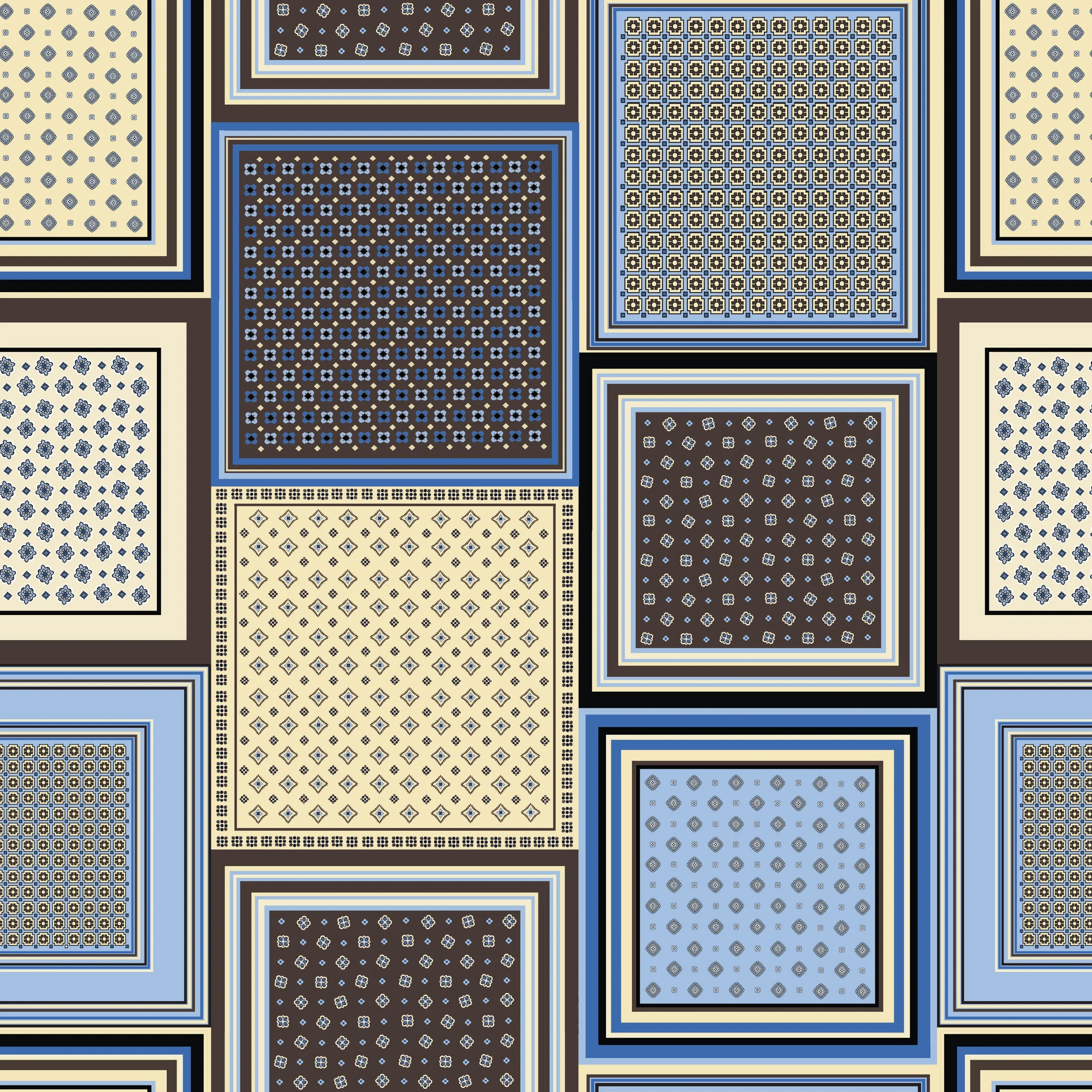 A collage of various geometric patterned rugs in shades of beige, black, blue, and brown. The patterns include floral, diamond, and checkerboard designs.