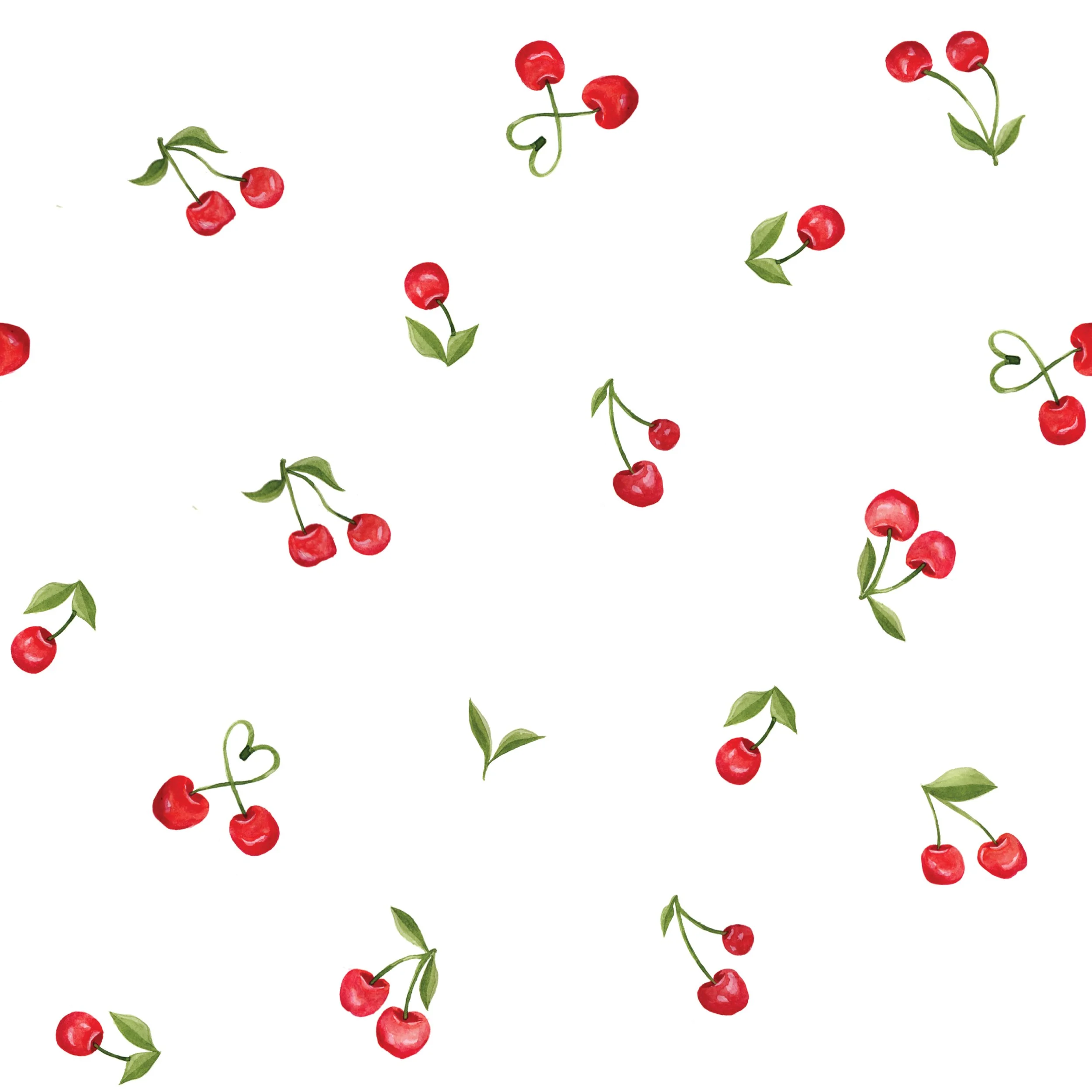 Pattern of red cherries with green leaves on a white background.