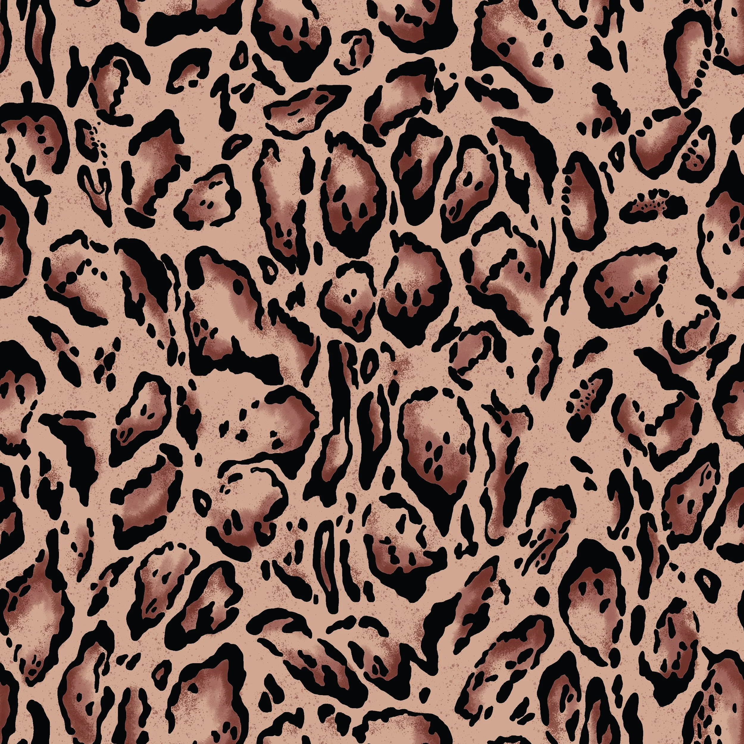 A close-up, stylized animal print pattern resembling a leopard print with dark black spots and rosettes on a beige background.