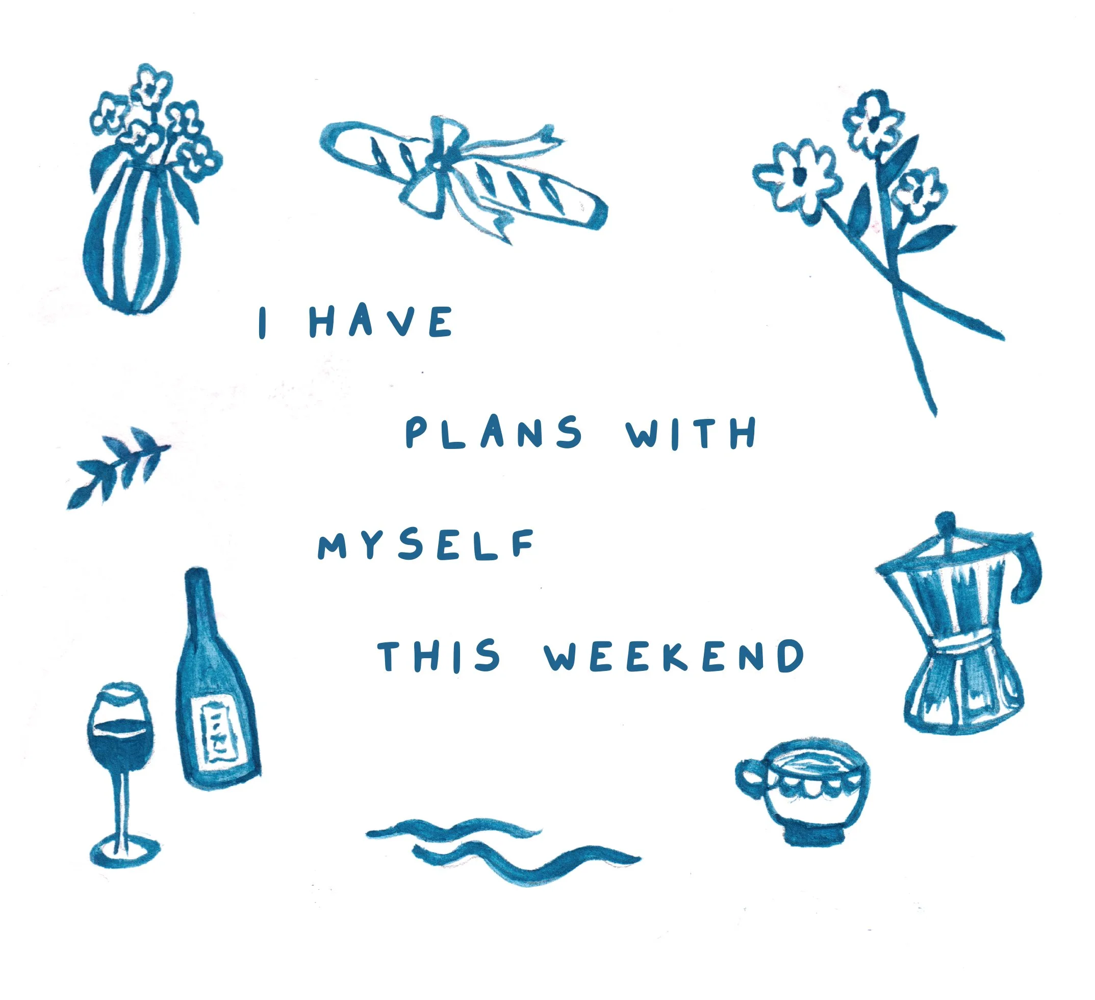 A white background with hand-drawn blue illustrations of various summer and leisure items, including a cocktail glass, a bottle of sunscreen, a plate of fruit, a cupcake, and tropical leaves.