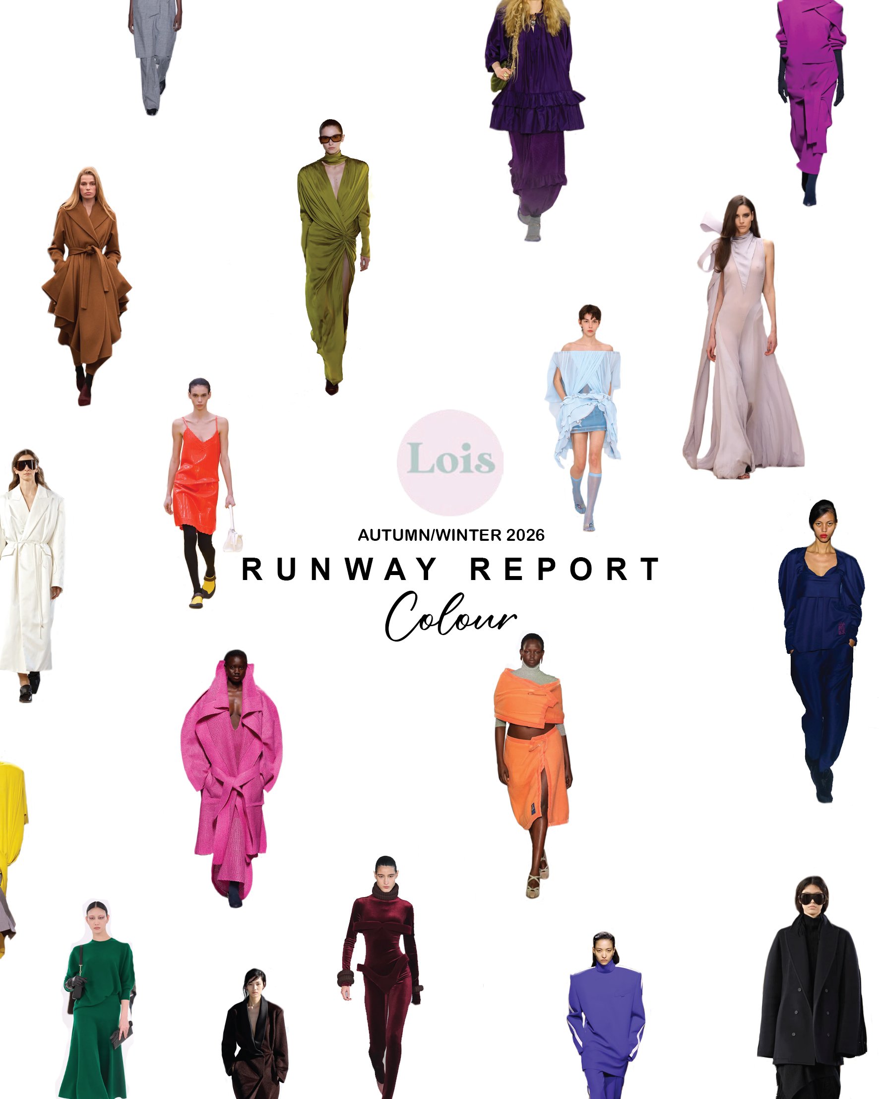 Fashion models walking on a runway in colorful and stylish outfits for Autumn/Winter 2026. The image features models wearing various clothing items, including dresses, coats, and accessories in bold colors such as green, purple, pink, orange, and black. The background is white, and the text indicates it is a runway report focused on color.