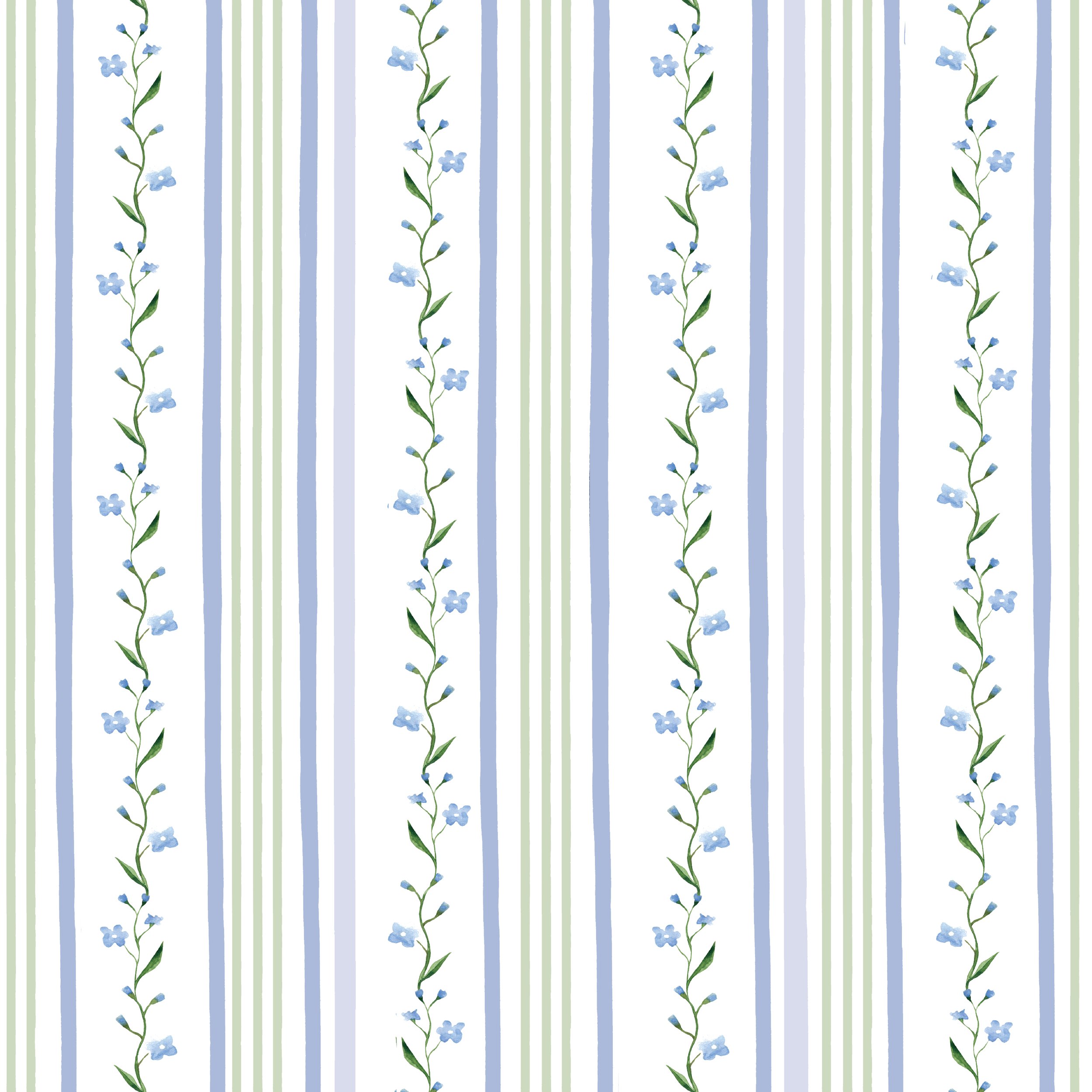 A seamless pattern of blue flowers with green stems and leaves, set against alternating vertical pastel blue and green striped background.
