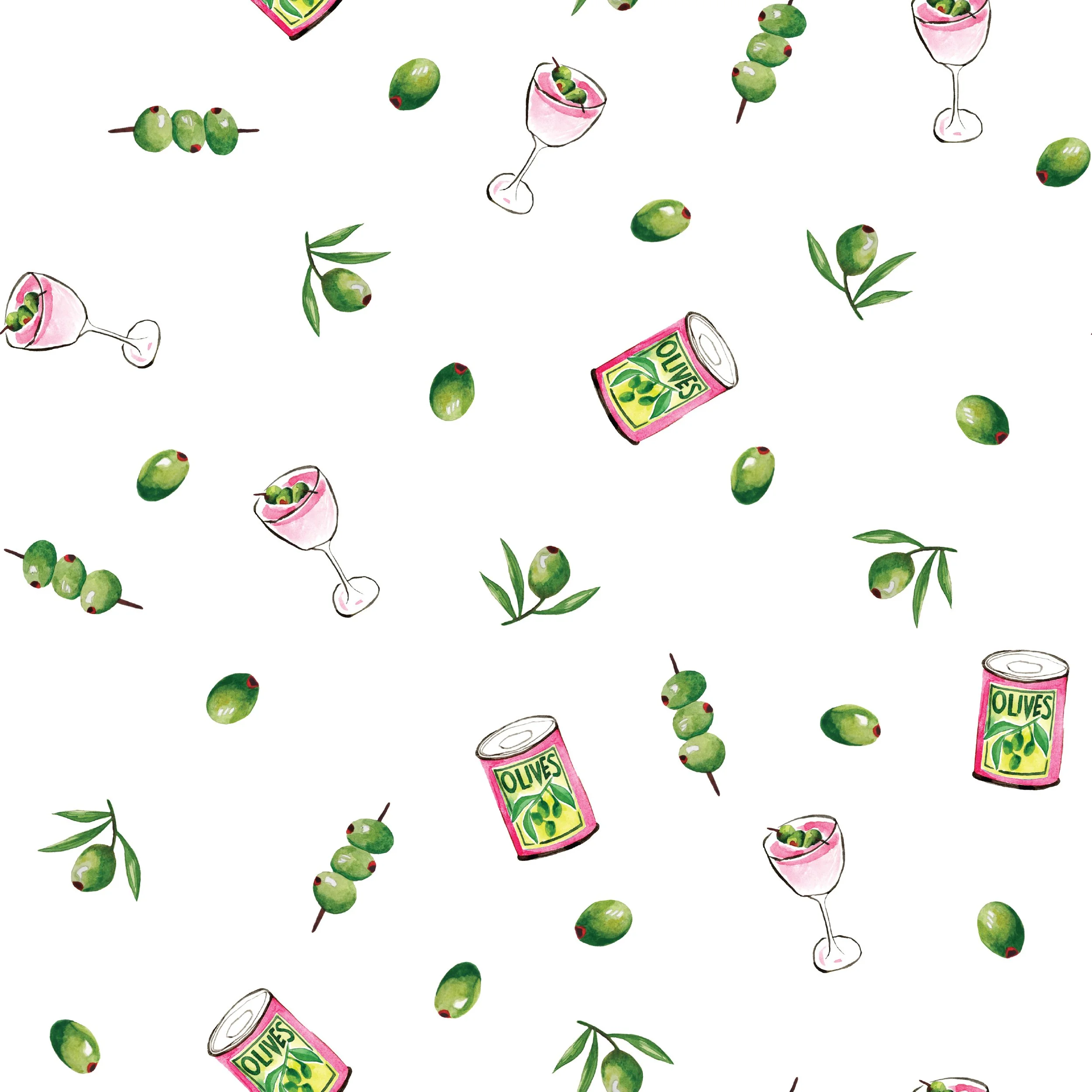 A repeating pattern of canned olive jars, green olives with red pimentos, and olive branches with leaves, all watercolor illustrations on a white background.