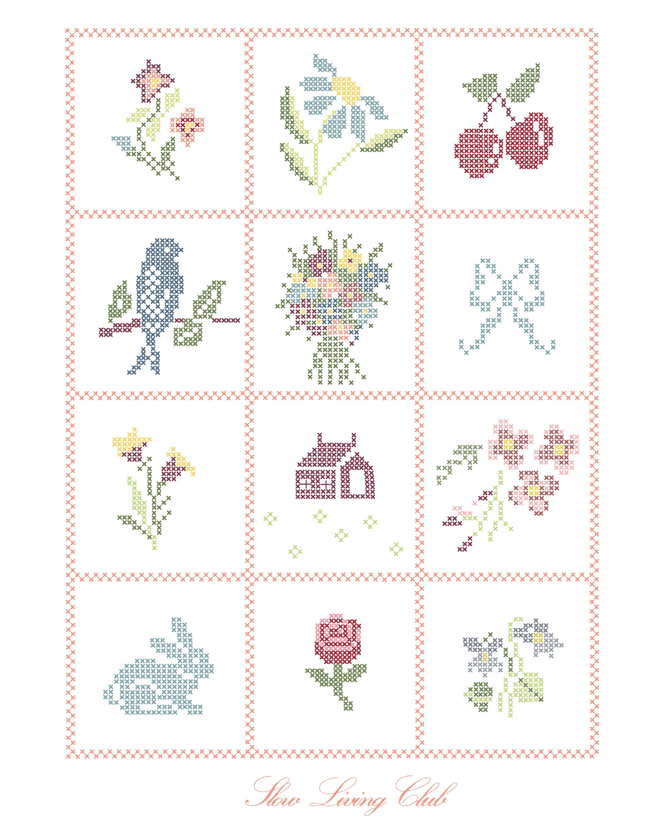 Cross-stitch style illustration of nine different floral and nature-related designs separated by pink stitched borders, with the phrase "Stay Living Calm" written at the bottom.