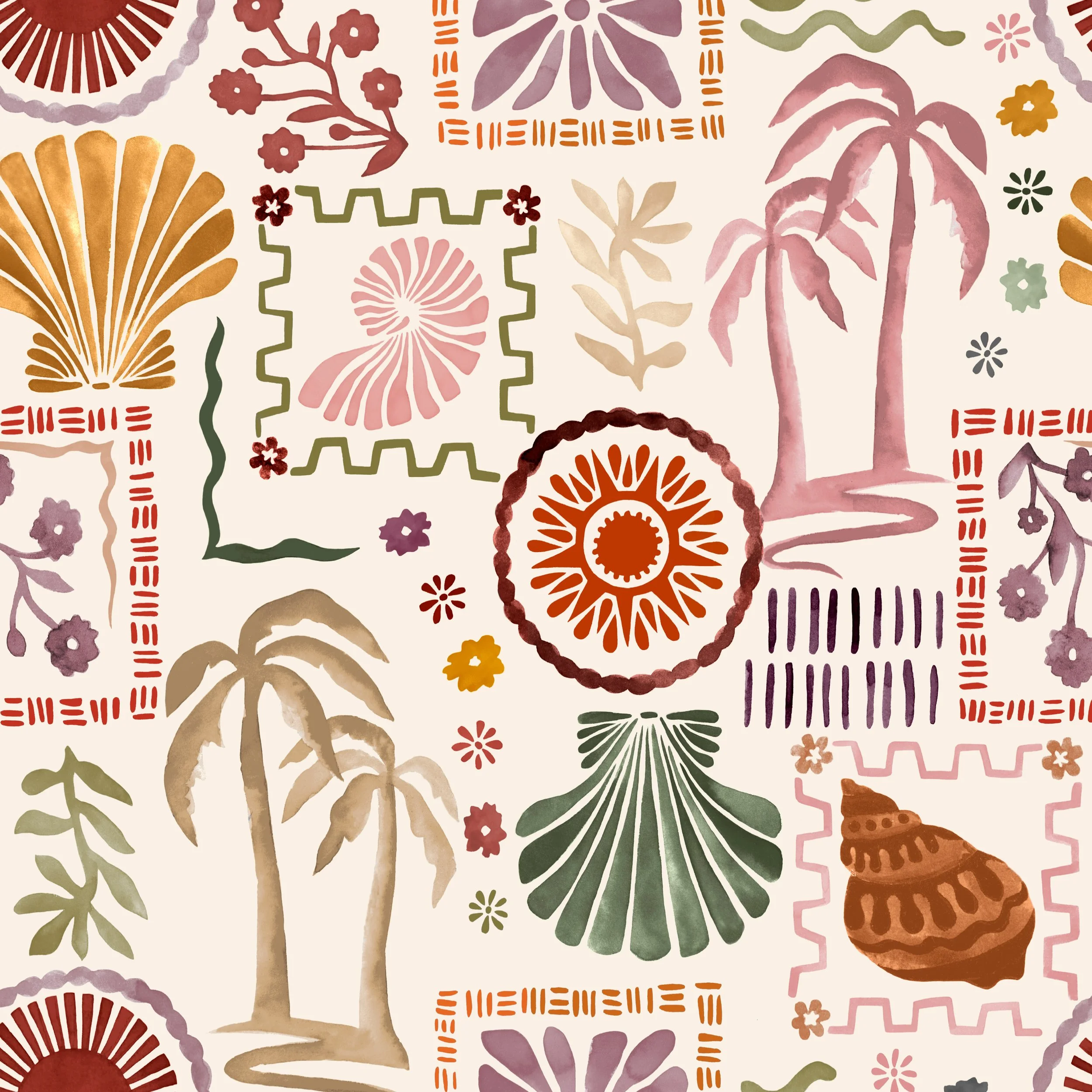 A pattern featuring watercolor-style botanical and geometric shapes, including stylized trees, flowers, and abstract designs in earthy tones of red, orange, purple, green, and beige.