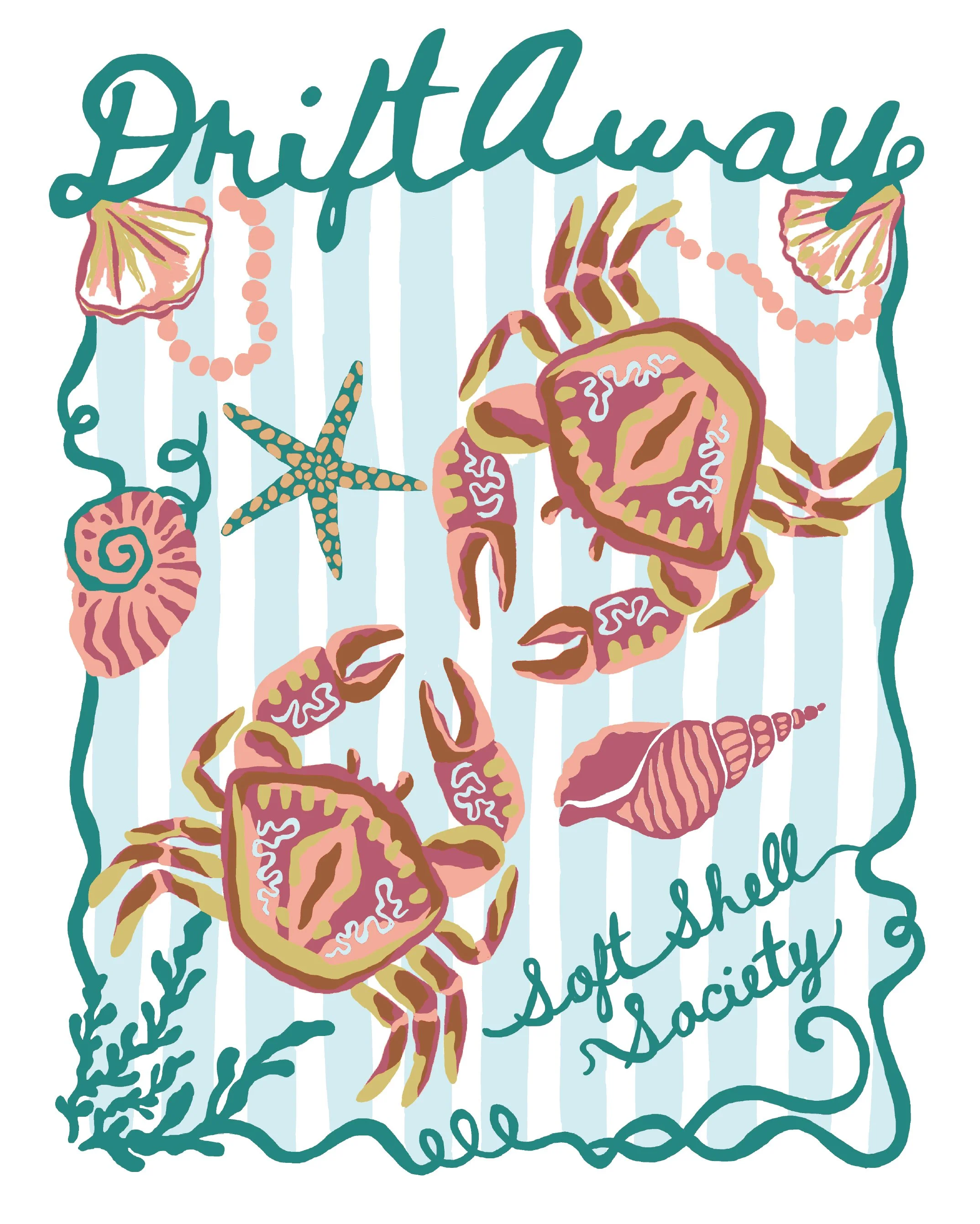 A colorful illustration of the human digestive system with a handwritten overlay that reads, "Dietetics, health, soft society." The digestive organs are depicted in shades of pink, brown, and yellow, with a starfish and seashells as decorative elemen