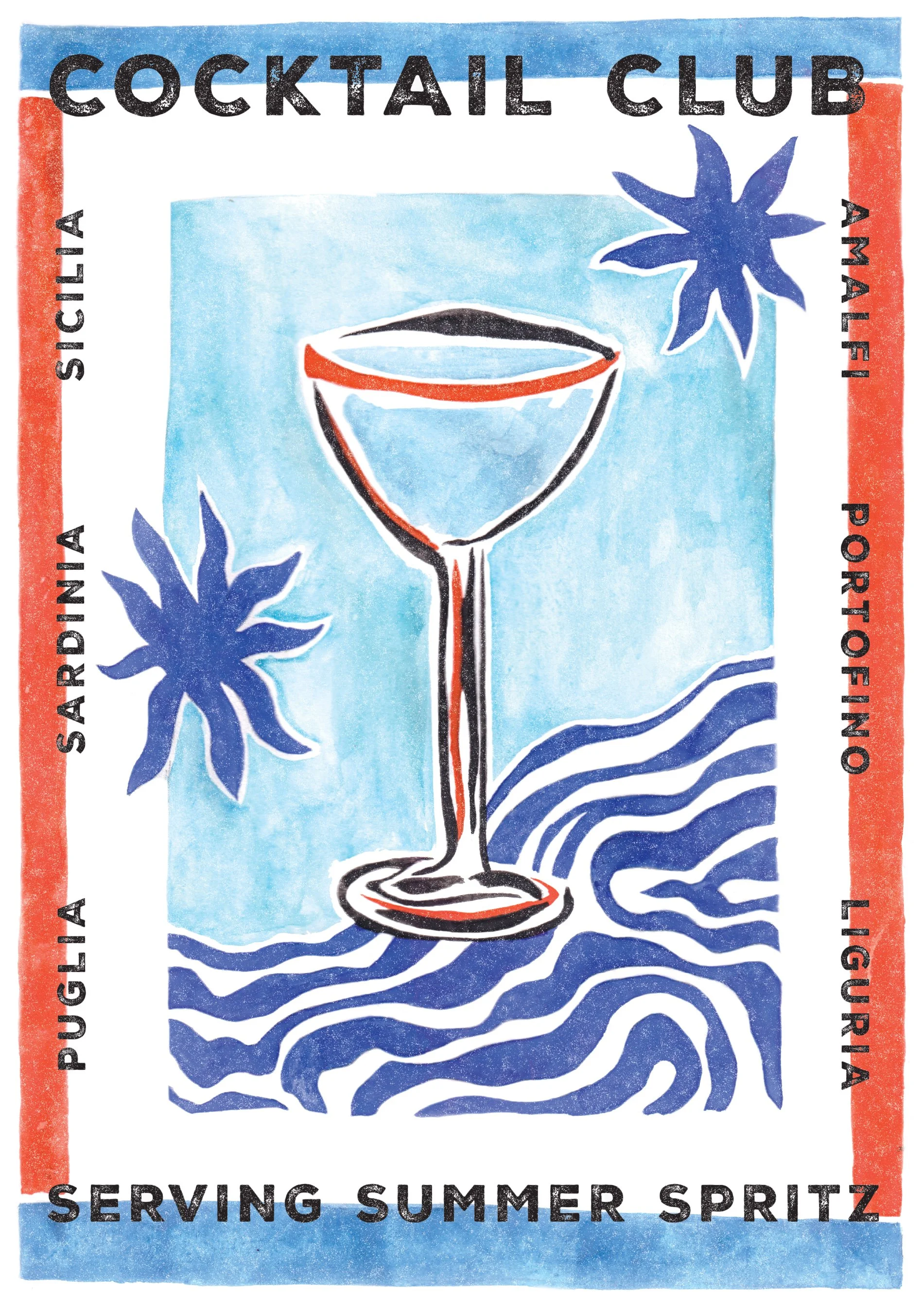 A colorful poster advertising a cocktail club serving summer spritz drinks with a drawing of a cocktail glass and blue leaves.
