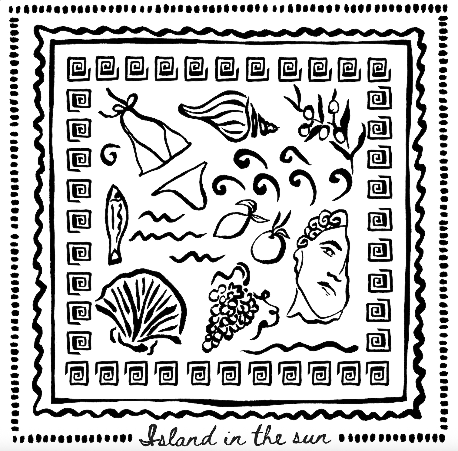Black and white drawing of various objects including a head, a tree, a shell, olives, a fish, a lemon, a cluster of grapes, and decorative borders, with text reading "Galand in the sun" at the bottom.